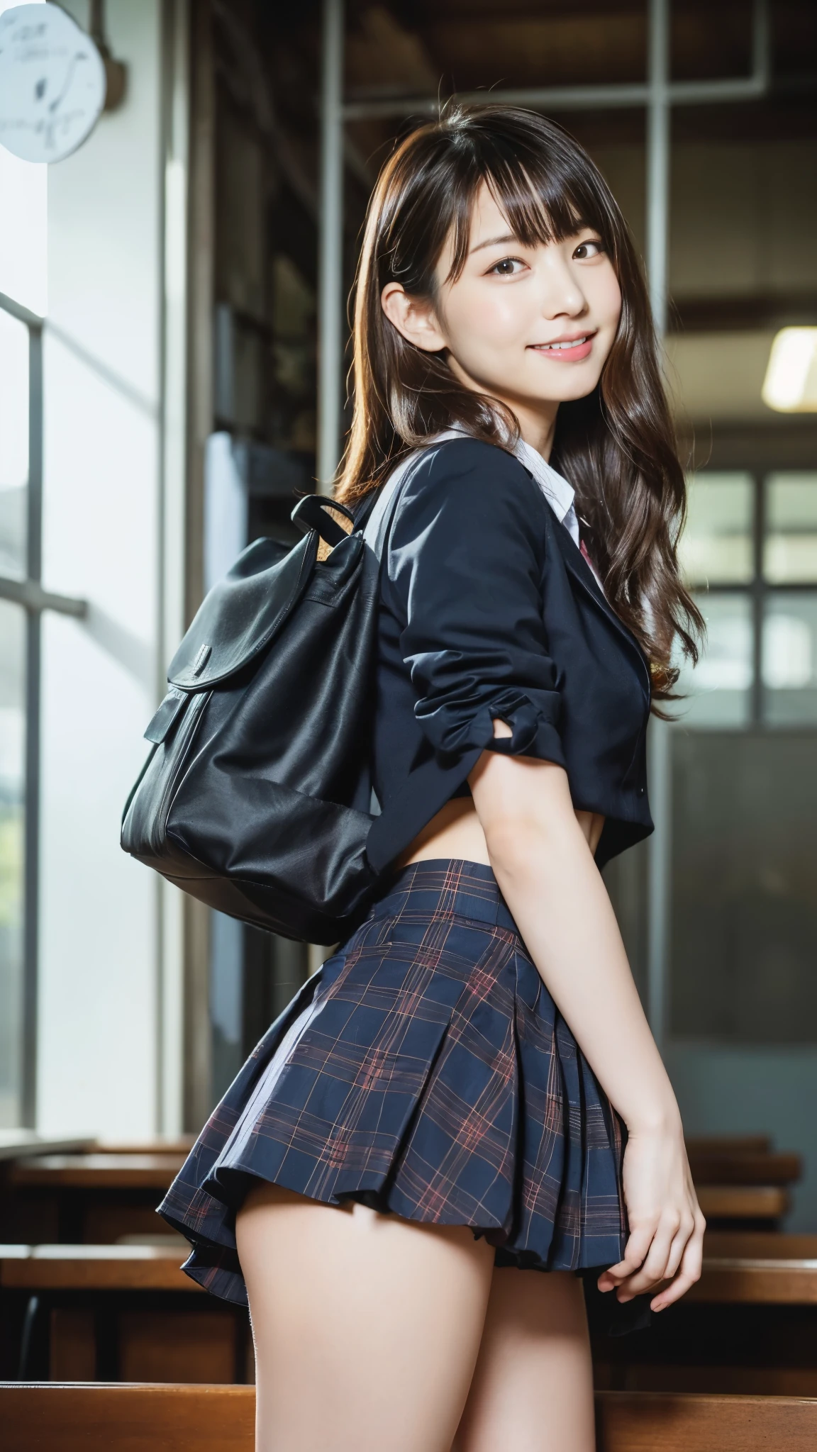 Stand in the classroom of school2fashi-girl,red tie uniform,Dark Blue Closed Blazer,Blue plaid mini skirt:1.2,18-year-old,bangs,a little smile,thighs,knees,from below,random pose,pretty girl,slender girl,white panties:1.5,blonde with short cut:1.5,Side waves with a short cut,Carrying a black rucksack,