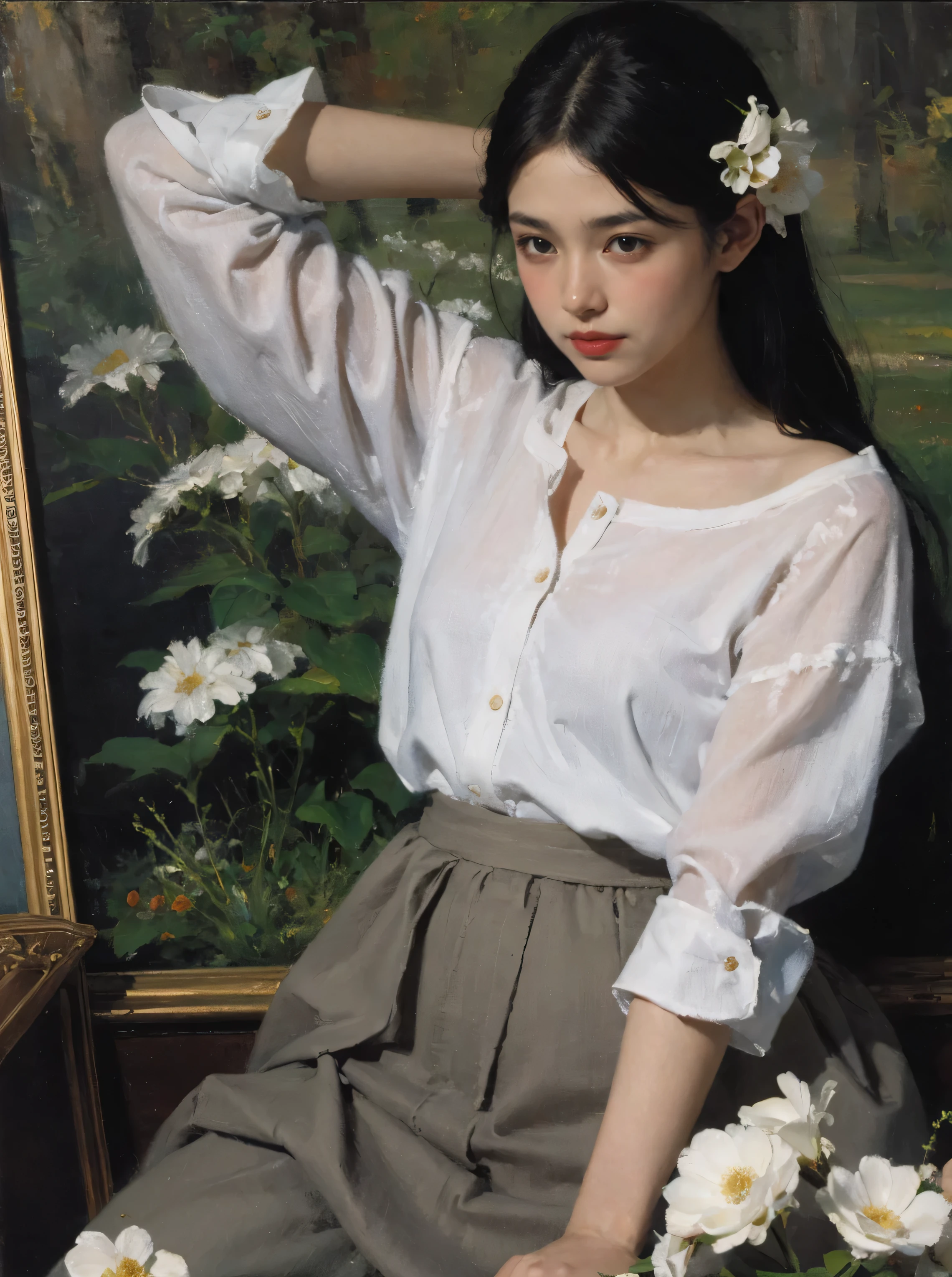 (oil painting:1.5),
\\
A woman with long black hair and white flowers in her hair lies in a field of white flowers, (Amy Saul:0.248), (by stanley artgerm lau:0.106), (detailed image:0.353), (gothic art:0.106)