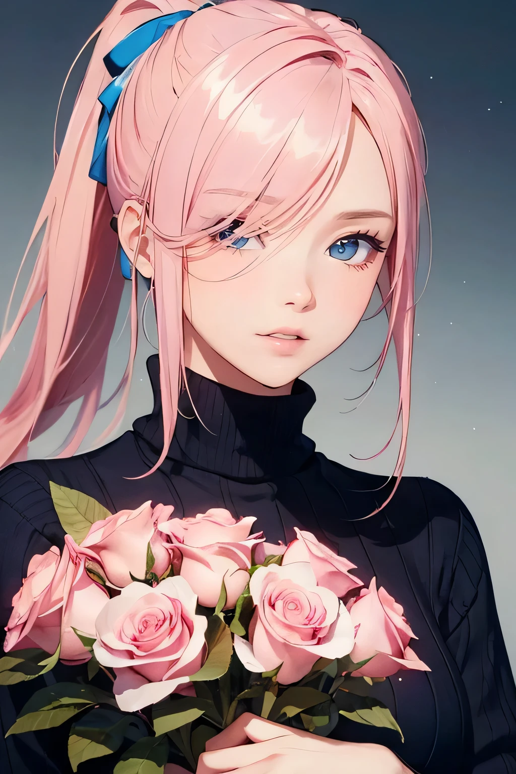 (masterpiece), (best quality half body), 1female, (long ponytail pink color hair), (hair over one eye:1.21), wearing turtleneck white+blue-color striped sweater , holding bouquet of roses, detailed gorgeous face, detailed beautiful eyes, perfect anatomy, perfect shading, dramatic lighting, highly detailed, intricate details, PIXIV, krenz cushart,