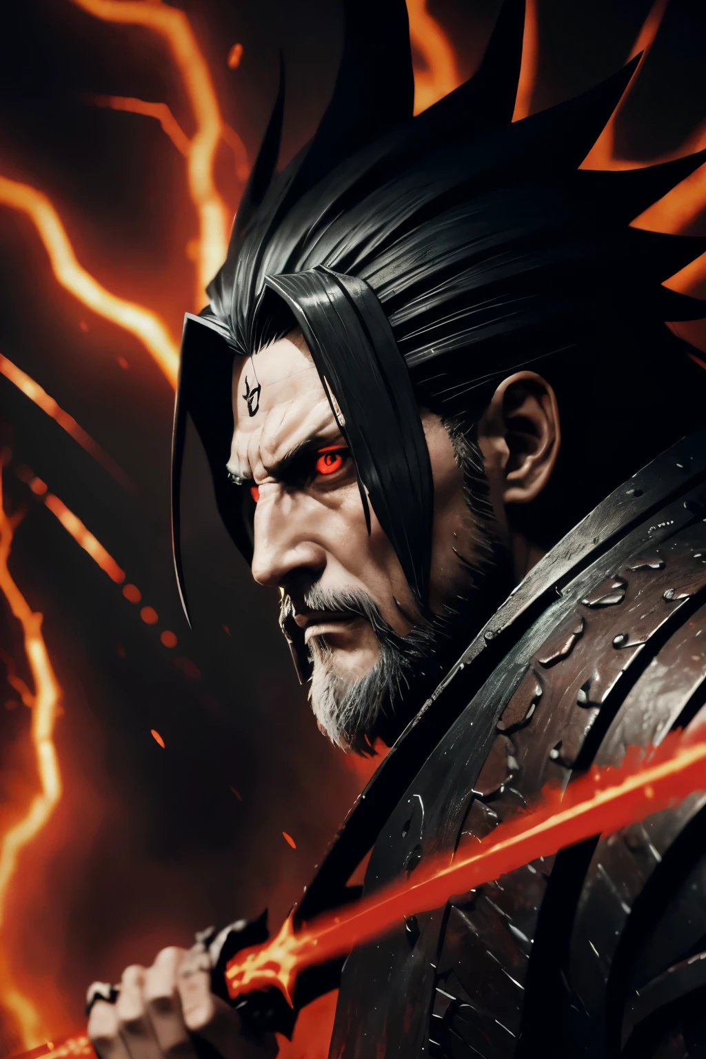 (Masterful depiction of) Kenpachi from Bleach anime, now a formidable Sith Lord, (with piercing) yellow eyes, (sharp) blade in hand, (clad in dark armor), exuding an aura of extreme power and menace. The background (intricately detailed and ominous), with (red and black swirling) lava flows and (thundering) lightning strikes, conveying the intense darkness of the Sith world. Kenpachi's (sculpted) muscles pop under the (sinister) red lights, emphasizing his strength and presence. His long, unkempt (graying) hair flows behind him, adding to his intimid