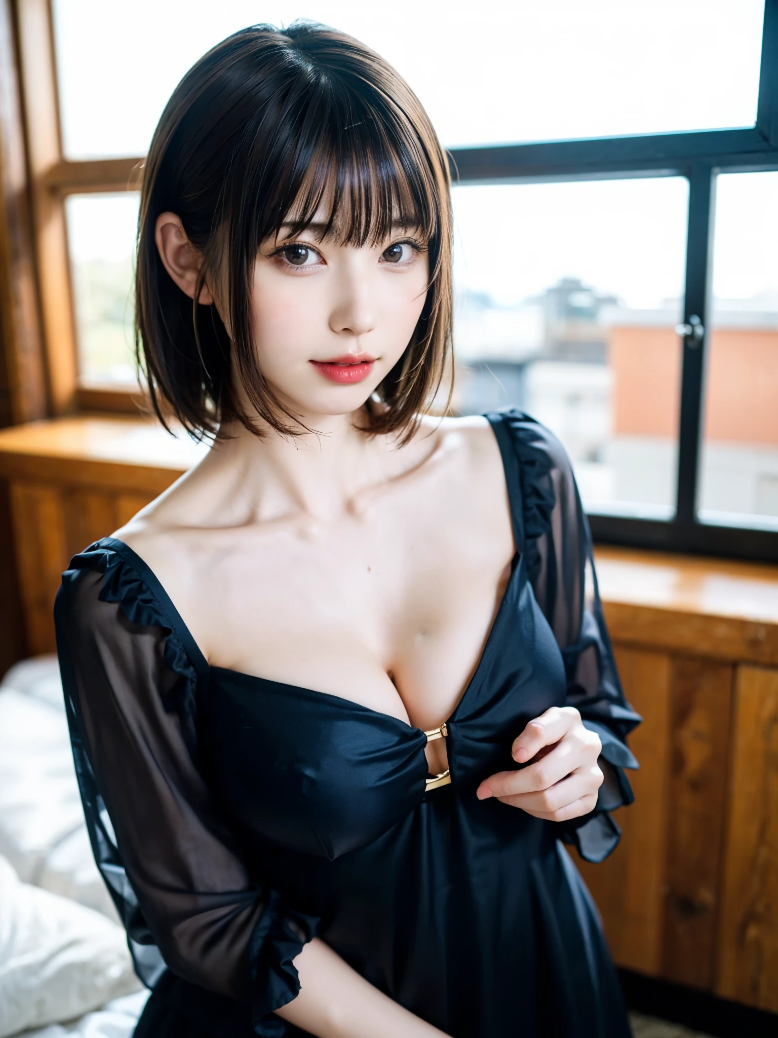 (table top, highest quality、high detail:1.4、very attractive beauty、Adds intense highlights to the eyes、look closely at the camera:1.4、Beautiful woman full of charm、ideal body proportions、perfect anatomy、brunette short bob hair、shiny hair、bangs:2、光沢のあるbangs:2、lip gloss),1 girl, Report, light brown shiny hair, scarf,realistic, looking at the viewer、Please tilt your head slightly, bright colored crystal light blue eyes, short and shiny hair、 chest中央に穴の開いた白いタートルネックの衣装,chestの真ん中に丸い穴のあるセクシーな白いタートルネック ニット セーター、 lips, lip gloss, Upper body、Big eyes、eyelash、face is a little red、embarrassing)、((italian road in winter))、((short hair with Big eyess、Give your students very powerful highlights、{Huge|big|Hugeな|mega} chest:2、very bigger chest:2、look at the audience、very beautiful beauty、show me your ears、long neck、smile a little、beautiful teeth、open your mouth and smile、heart shaped eyes))、28 years old、very cute super model、portrait:2、close your face:2