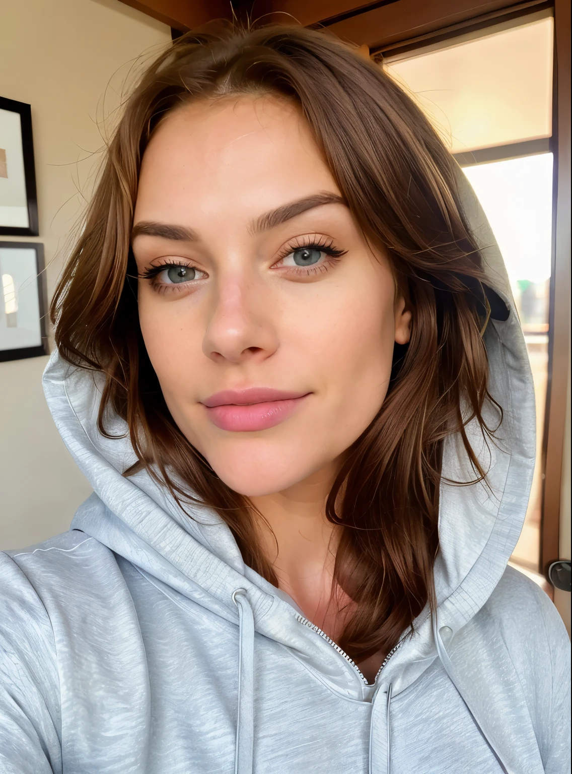 25 year old Girl, American, handsome, honey eyes, honey colored hair,((upper body selfie, happy)), (photorealistic), (intricate details:1.2),(masterpiece, :1.3 ),(best quality:1.4), (ultra high resolution:1.2), ultra high resolution, (detailed eyes), (detailed facial features), HDR, 8K resolution, (Reflet:0.7), Turn around, Busy reviewing the report, face viewer, portrait, wearing Hoodi and sunglasess