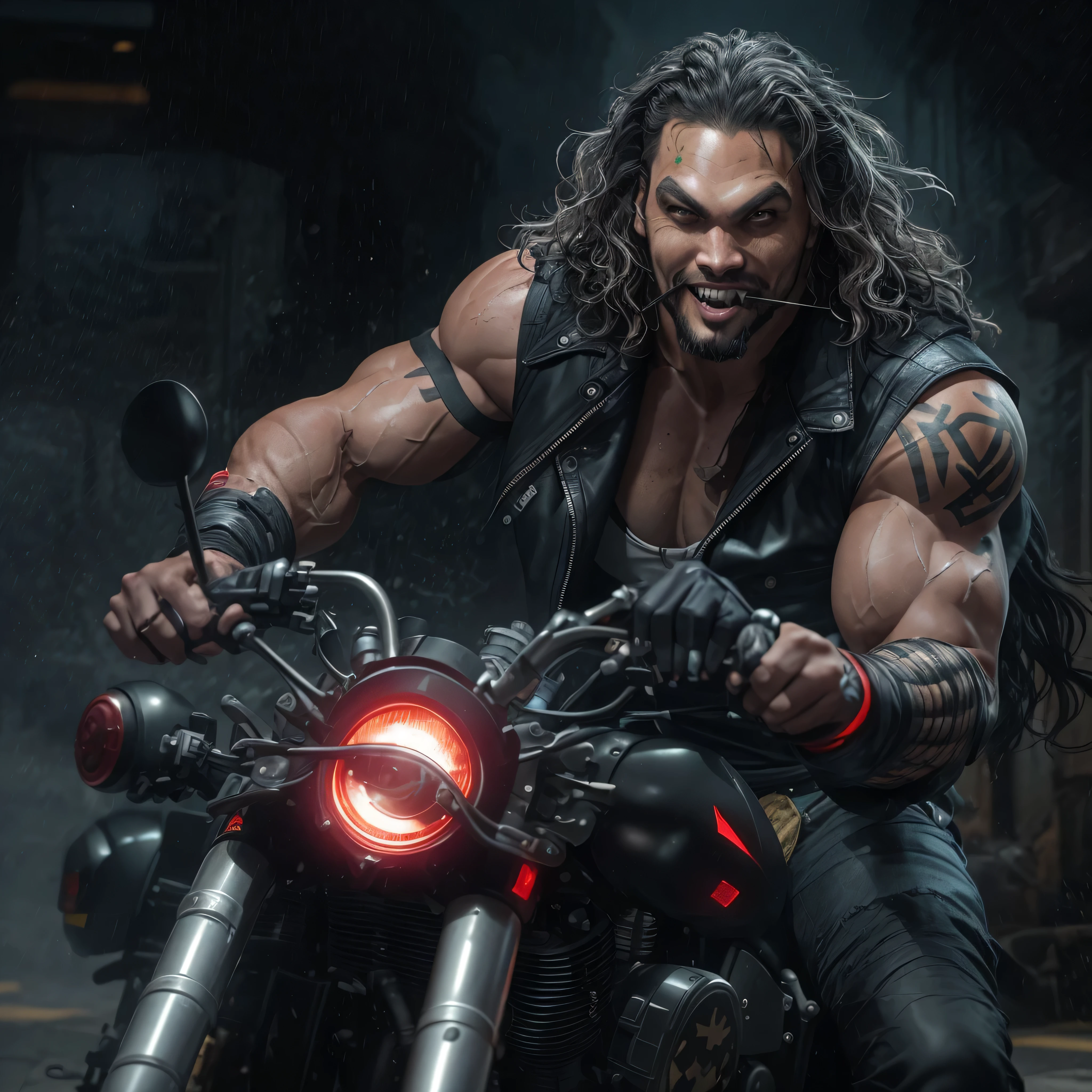 Full body image, a photo of Jason Momoa as Lobo from DC comics, Evil grin, Cigar in his mouth, muscular, ((((ghostly super pale skin)))), (((red eyes))), sleeveless black biker vest, riding star wars hoverbike, Intricate, High Detail, Sharp focus, dramatic, photorealistic digital art, photo-realistic, octane render, unreal engine, ultra-realistic