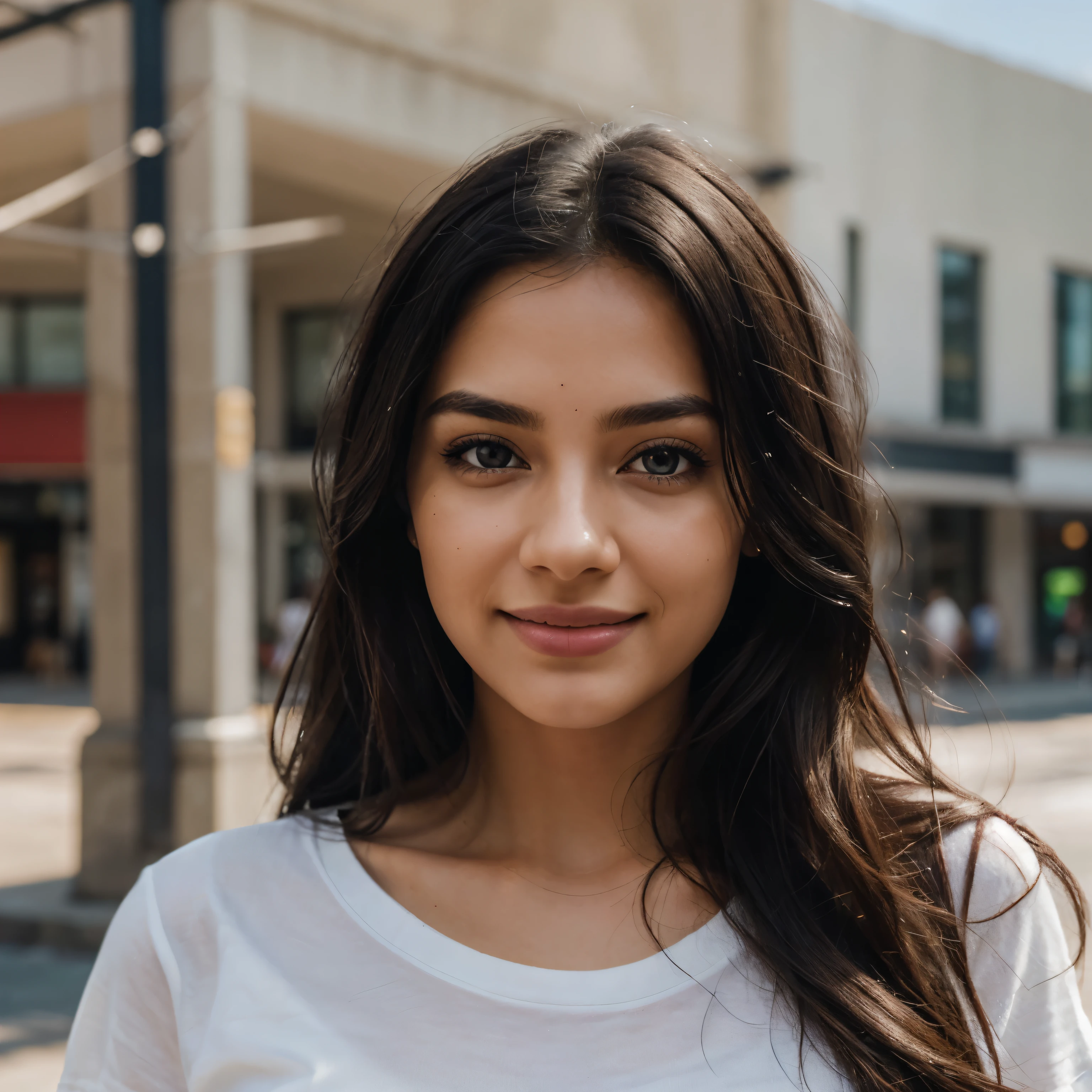 highest quality, epic realistic, ((in the bright daylight :1.4)), ((portrait:1.5)),(background: bright ) high contrast ,glorious picture, lowest lux, lighting face, she's comfortable, wearing white T-shirt, looks incredible, (8k, Raw photo, Highest quality),(epic realistic:1.5), an Indian woman, face,(detailed eyes:0.8),(looking at the camera:1.4), (Highest quality), ( high contrast, deep shadows), Intricate details, cinematic,((skin:1.4)), (long dark hair:1.3), long hair, messy ,(Hdr:1.5),Detailed, colors, Superior quality, ( sunny sky: 1.4), Masterpiece, Raw Photo (25-year-old, looking at viewer), beautiful, (wearing white T-shirt,), perfect, natural, perfect composition, portrait, perfect face, smiling expression, fair skin, bright complexion, Captivating eyes, Bright details, Tight lips, (High Skin Detail), no dot on forehead,, (blue tint: 0.6), (sale: 0.8), (bloody: 0.7), Key lighting , (backlight: 0.5), Medium depth of field, Canon 5d, 50mm lens, f/4 apertures, (Ultra-detailed, Complex detail), sharp focus, soft colors, 8k, Absurd, 80mm, dark background, photography, smiling, shopping mall in the background
