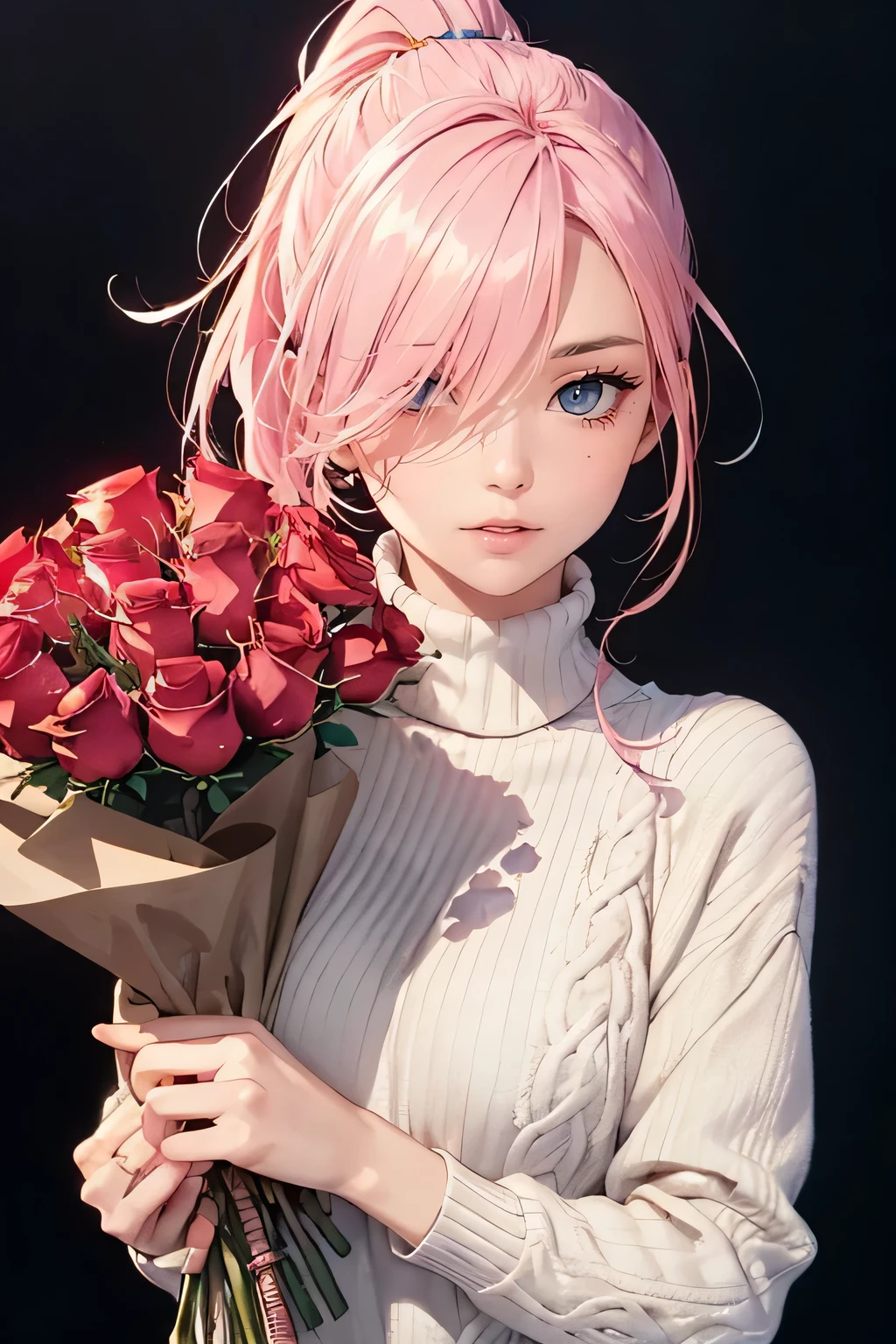 (masterpiece), (best quality half body), 1female, (long ponytail pink color hair), (hair over one eye:1.21), wearing turtleneck striped color sweater, holding (bouquet of roses:1.4), detailed gorgeous face, detailed beautiful eyes, perfect anatomy, perfect shading, dramatic lighting, highly detailed, intricate details, PIXIV, krenz cushart,