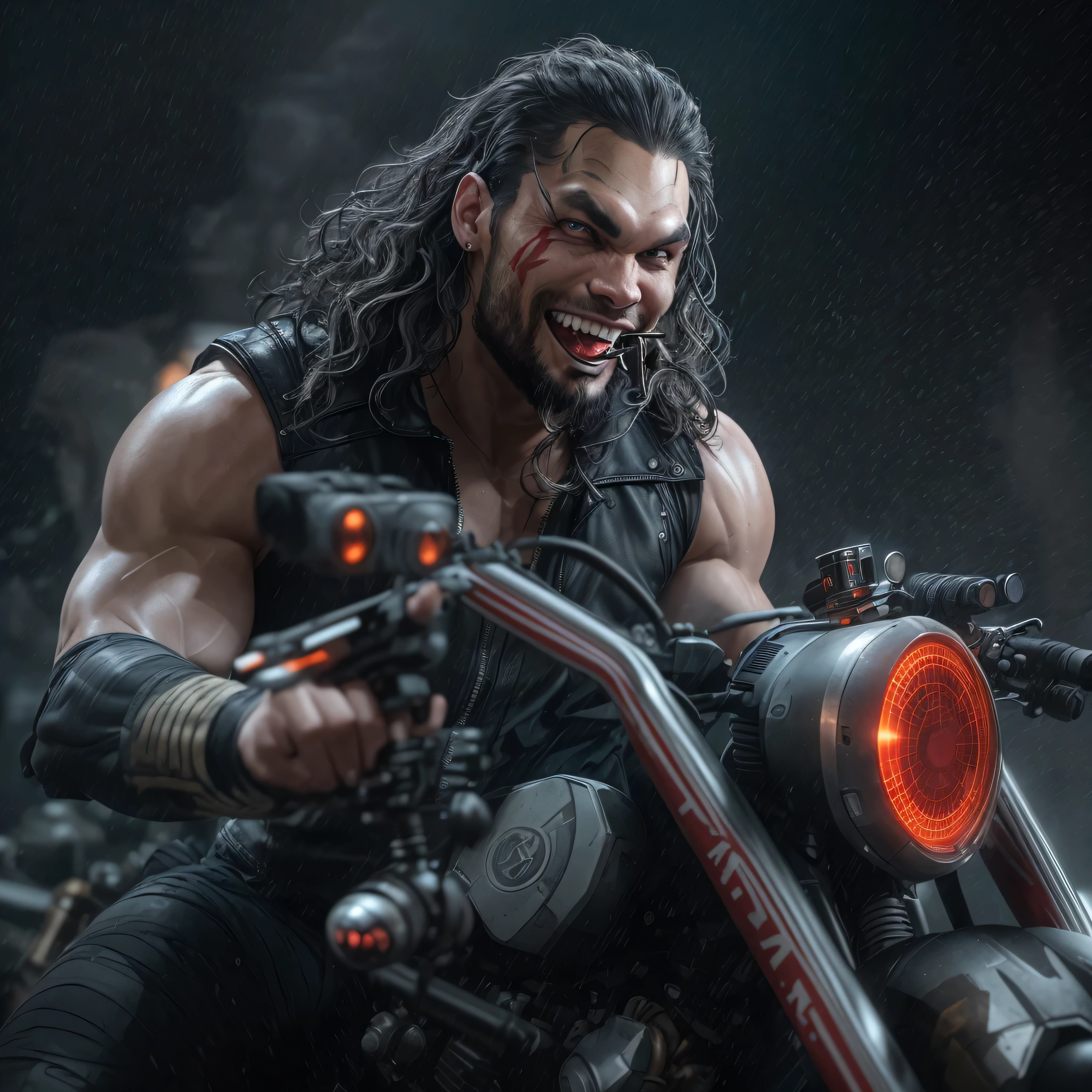 Full body image, a photo of Jason Momoa as Lobo from DC comics, Evil grin, Cigar in his mouth, muscular, ((((ghostly super pale skin)))), (((red eyes))), sleeveless black biker vest, riding star wars hoverbike, Intricate, High Detail, Sharp focus, dramatic, photorealistic digital art, photo-realistic, octane render, unreal engine, ultra-realistic