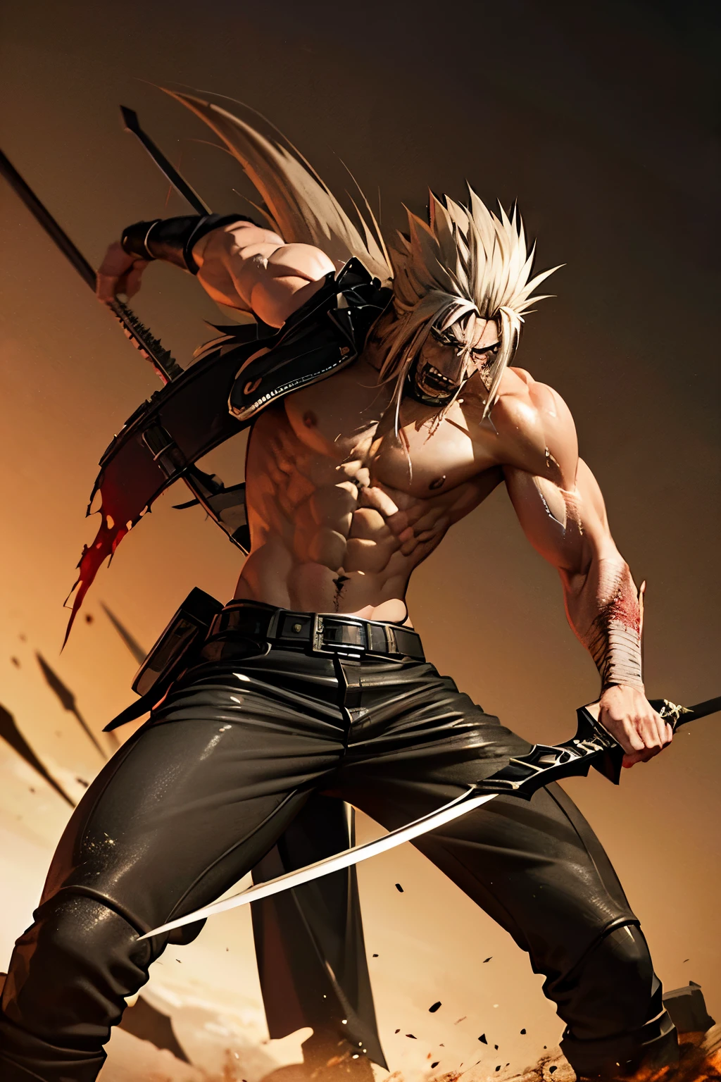 3D, realistic, full portrait, Kenpachi, muscular, holding two blood-drenched swords, ready to deliver a deadly slash, intense gaze, fierce expression, tattered clothing, scars, battle-worn, powerful aura