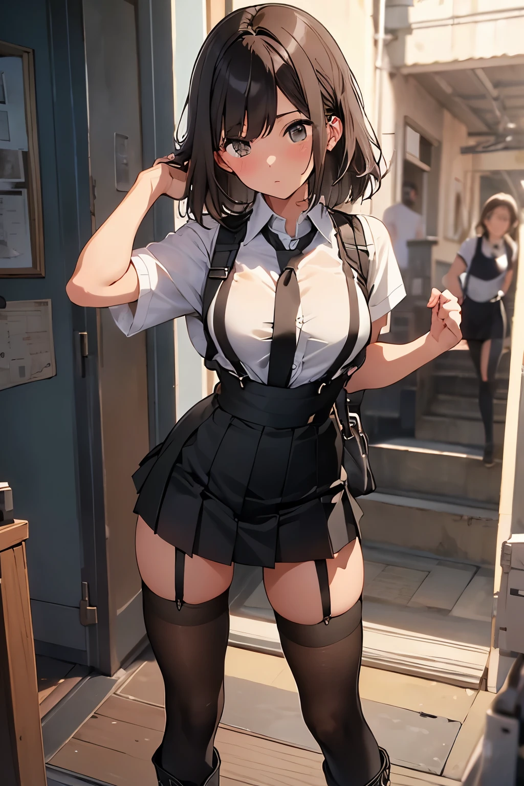 brown hair、looking at the viewer　　suspenders　　　Bulging big breasts　　 　 　　　　Black miniskirt　garter belt　knee high socks　　　　　　Gaze　　　small face　bangs 　　　　　Beauty　　hands up　　 　Gaze 　black boots 　provocation　　　one person 　　　cutter shirt　　Panty shot　hands behind　put your hands behind your back　Hands behind your back　With your hands behind your back