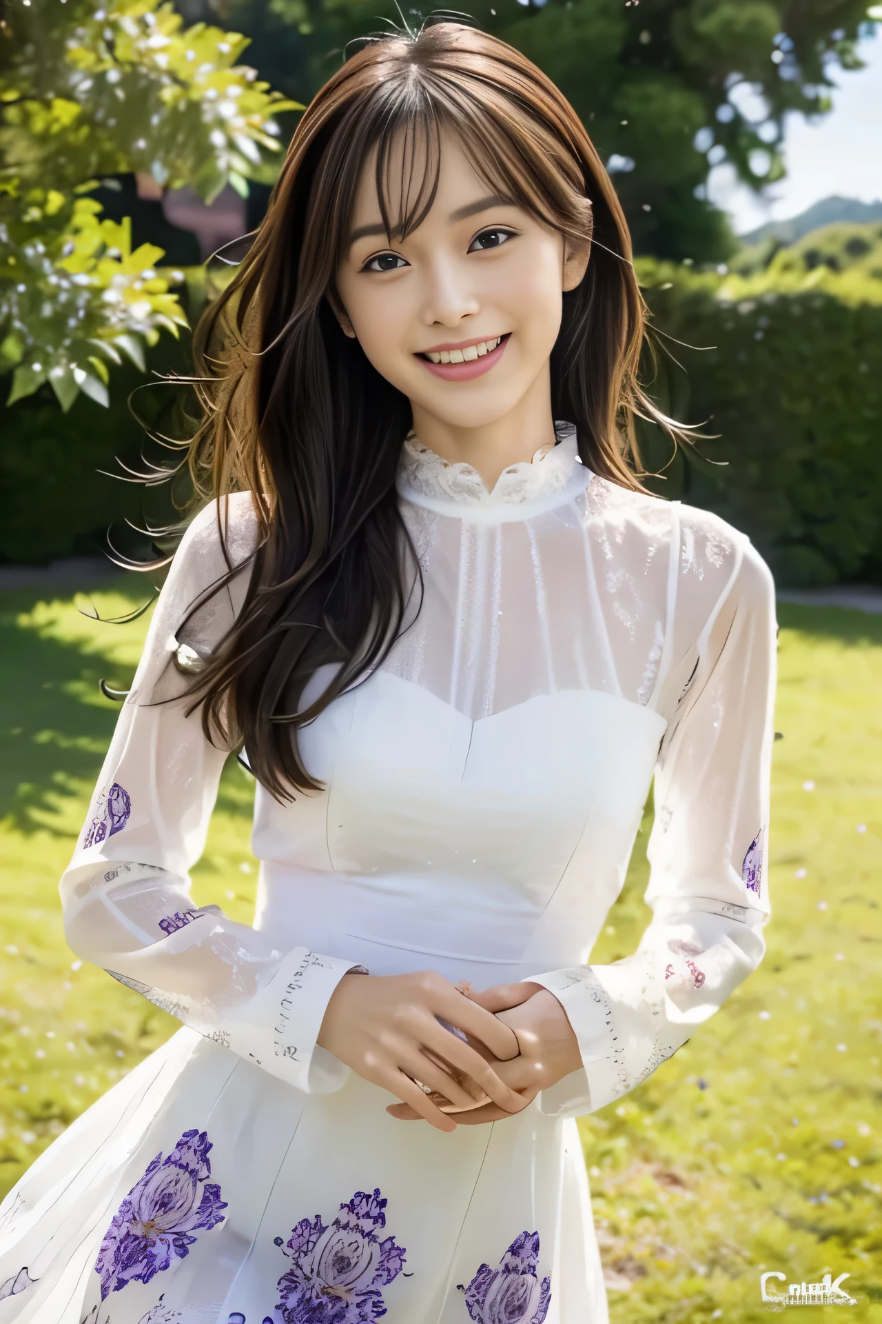 High resolution, realistic, very delicate and beautiful, very detailed, finely, super detailed, (highest quality, 8K, 32K, masterpiece, UHD:1.2), Photo of a beautiful Japanese model in her 20s running in a grassy field, (white dress with purple pattern, long sleeve, Wide cuffs:1.4), beautiful and detailed face, beautiful clear eyes, delicate figure, medium hair, (skinny, slim, slender and delicate body), smile, upper teeth,