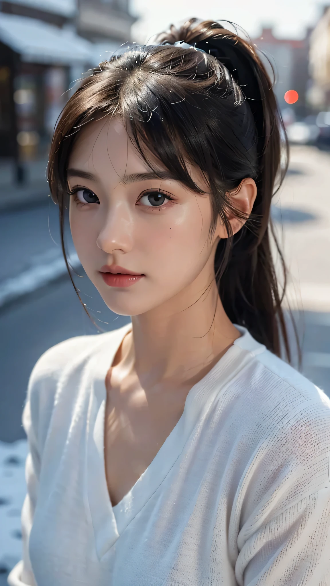 One woman,fully body photo,masutepiece, The highest image quality, High quality, the background is clear,Beautiful woman, Japanese, Detailed, Detailed eyes, Detailed skin, Beautiful skin, 超hight resolution, (reality: 1.4),Very beautiful woman, Slightly younger face, Beautiful skin, slender, (Ultra photo realsisim), (hight resolution), (8K), (Very detailed) (beautifully detailed eyes), (super detailed), (Detailed face), view the viewer, Fine details, Detailed face, Staring straight ahead, Staring straight ahead, photos realistic, Bright lighting, Professional Lighting, Black hair,poneyTail,a baby face,sixteen years old,髪型はponeyTail,ロングのponeyTailの髪型,It's snowing,slight smile,Long Sleeve Knitwear,European Streets