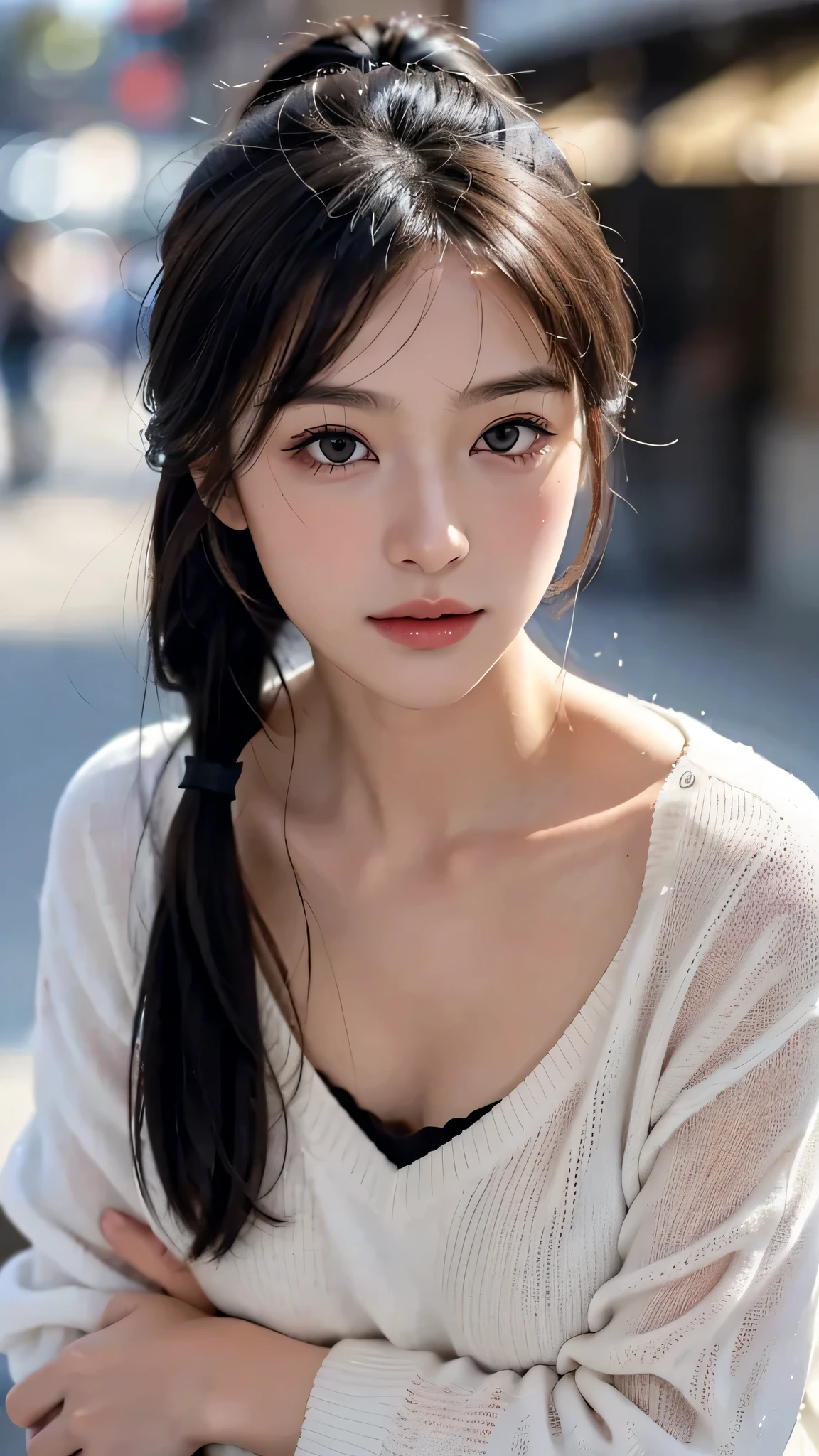 One woman,fully body photo,masutepiece, The highest image quality, High quality, the background is clear,Beautiful woman, Japanese, Detailed, Detailed eyes, Detailed skin, Beautiful skin, 超hight resolution, (reality: 1.4),Very beautiful woman, Slightly younger face, Beautiful skin, slender, (Ultra photo realsisim), (hight resolution), (8K), (Very detailed) (beautifully detailed eyes), (super detailed), (Detailed face), view the viewer, Fine details, Detailed face, Staring straight ahead, Staring straight ahead, photos realistic, Bright lighting, Professional Lighting, Black hair,poneyTail,a baby face,sixteen years old,髪型はponeyTail,ロングのponeyTailの髪型,It's snowing,slight smile,Long Sleeve Knitwear,European Streets