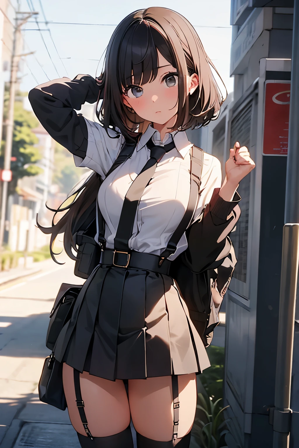 brown hair、looking at the viewer suspenders Bulging big breasts Black miniskirt garter belt knee high socks Gaze small face bangs Beauty hands up Gaze black boots provocation one person cutter shirt Panty shot hands behind put your hands behind your back Hands behind your back With your hands behind your back