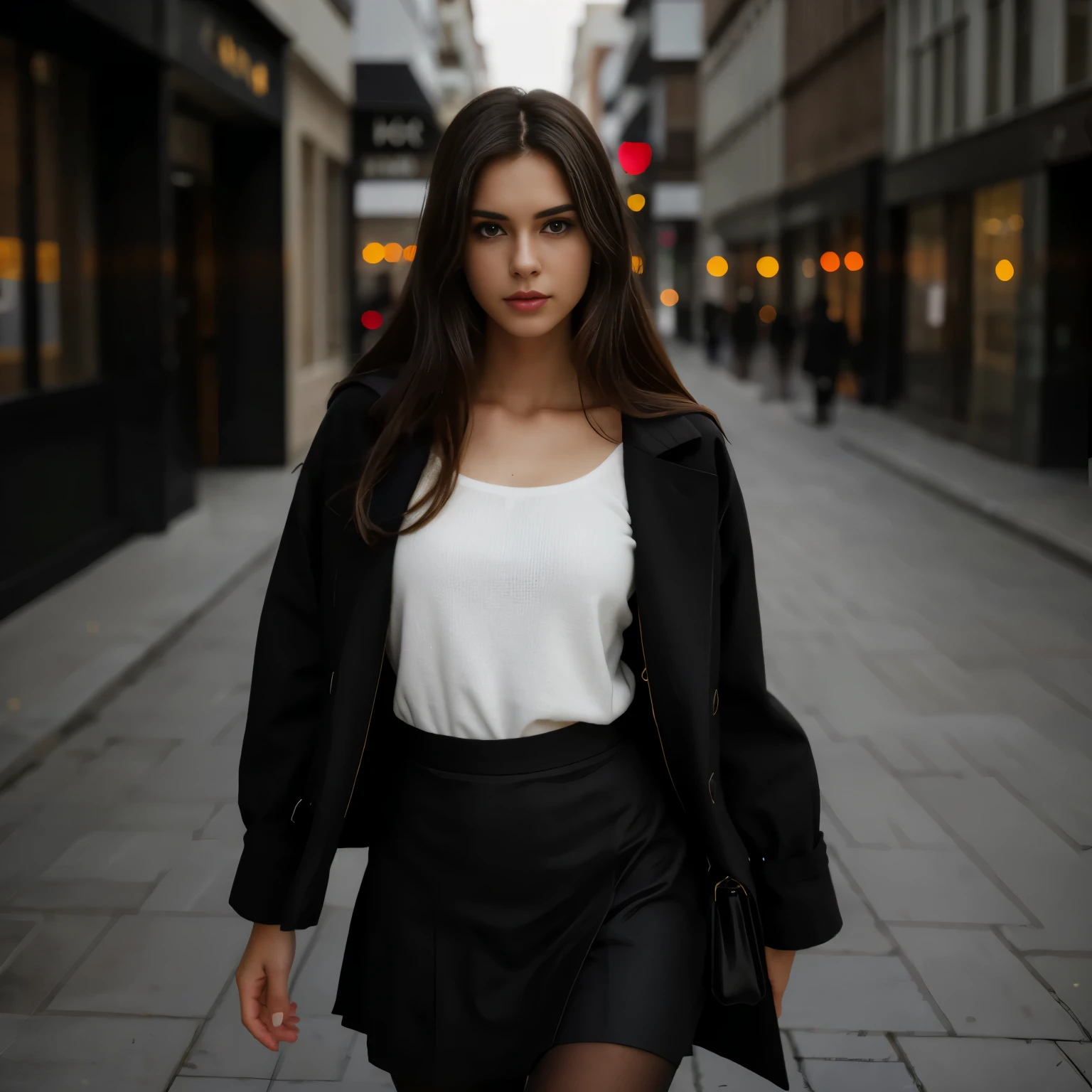 1 girl, beautiful young girl, long dark brown hair, serious face, full lips, delicate eyes, perfect body, slim body, thin body, doll like body, slim waist, (thin waist, narrow waist), small upper body, (medium breasts:0.6), A beautiful woman with perfect body:1, big hips, (freckles:0.8), detailed skin, realistic skin texture, skin texture, wearing autumn coat with black skirt and dark stockings, standing in city street, hard light coming from above