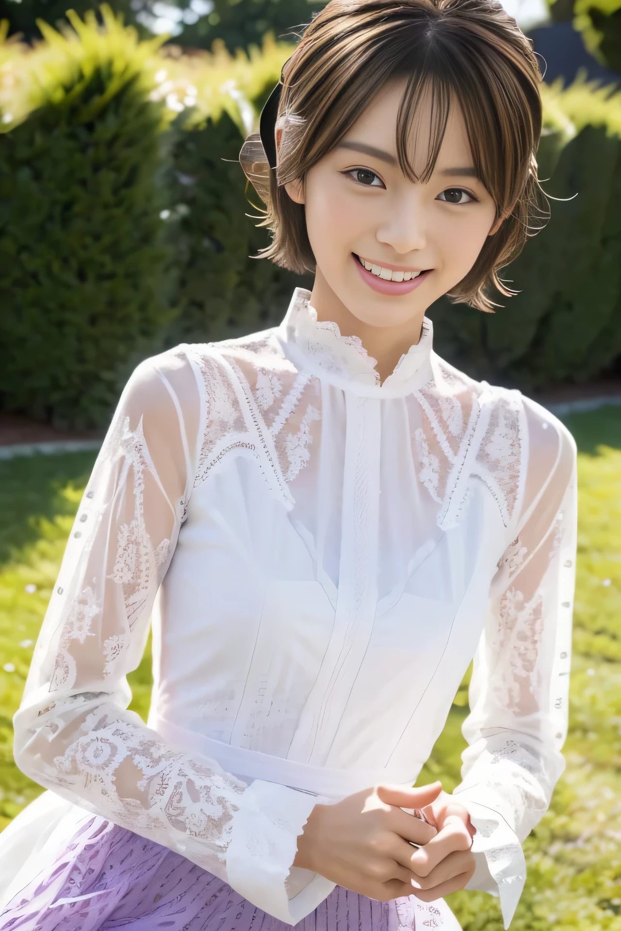 High resolution, realistic, very delicate and beautiful, very detailed, finely, super detailed, (highest quality, 8K, 32K, masterpiece, UHD:1.2), Photo of a beautiful Japanese model in her 20s wearing a white long dress, (Purple pattern, long sleeve, Wide cuffs:1.4), Dancing in the steppe, beautiful and detailed face, beautiful clear eyes, delicate figure, short hair, (skinny, slim, slender and delicate body), smile, upper teeth,