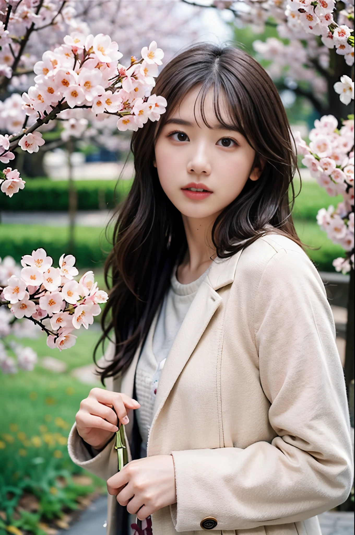  (8K, RAW photo, highest quality, masterpiece:1.3), (realistic, photo-realistic:1.4), (Highly detailed 8K wallpaper), sharp focus, Depth of written boundary,
 japanese idol,very cute, ,(coat:1.3),(long hair :1.3), Upper body, highly detailed face and eyes,((shiny skin:1.2)), cinematic lighting, soft light, blur background,( A town lined with cherry blossom trees, Many pink flowers bloom in spring:1.2)