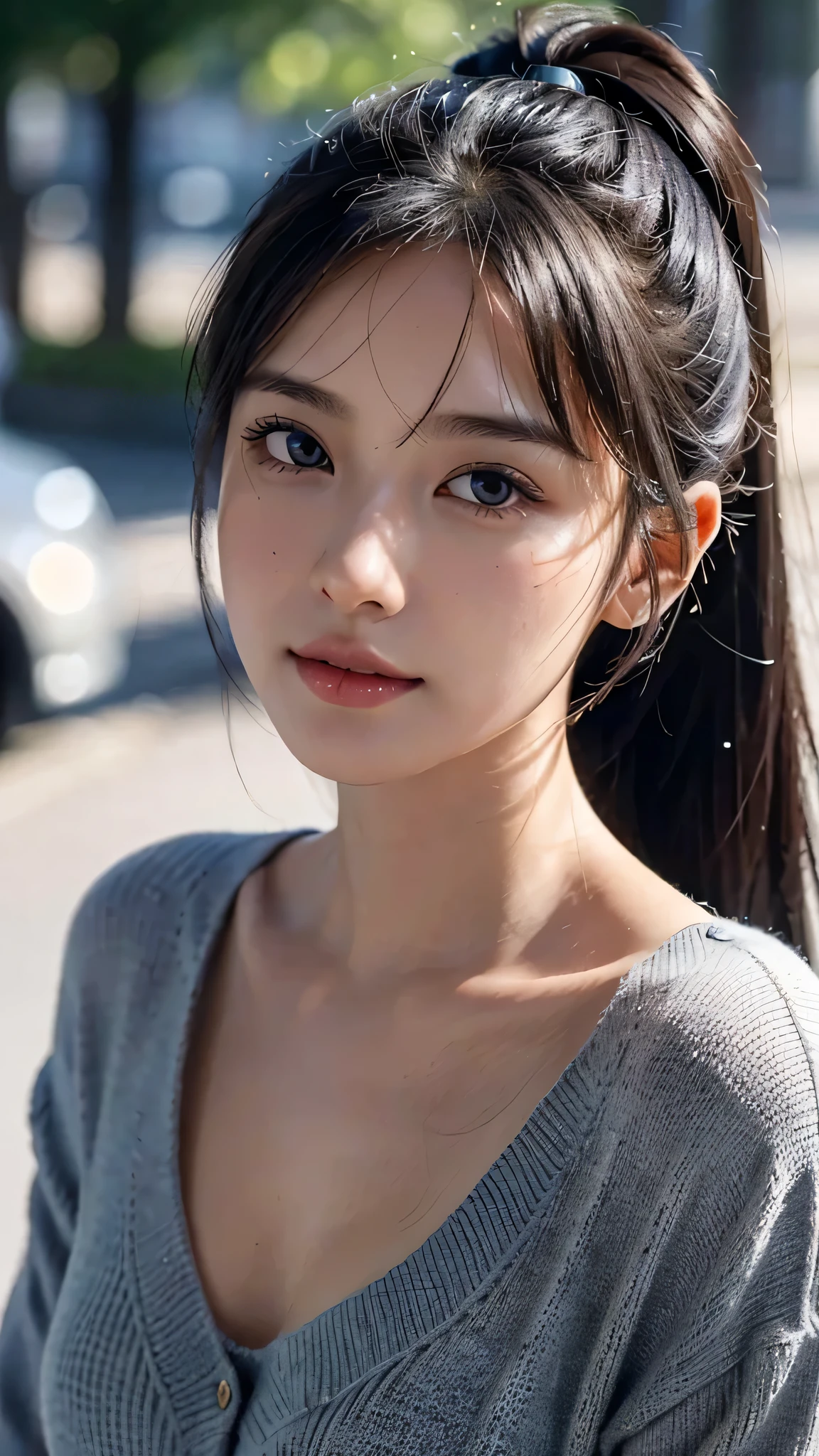 One woman,fully body photo,masutepiece, The highest image quality, High quality, the background is clear,Beautiful woman, Japanese, Detailed, Detailed eyes, Detailed skin, Beautiful skin, 超hight resolution, (reality: 1.4),Very beautiful woman, Slightly younger face, Beautiful skin, slender, (Ultra photo realsisim), (hight resolution), (8K), (Very detailed) (beautifully detailed eyes), (super detailed), (Detailed face), view the viewer, Fine details, Detailed face, Staring straight ahead, Staring straight ahead, photos realistic, Bright lighting, Professional Lighting, Black hair,poneyTail,a baby face,sixteen years old,髪型はponeyTail,ロングのponeyTailの髪型,It's snowing,slight smile,Long Sleeve Knitwear,European Streets