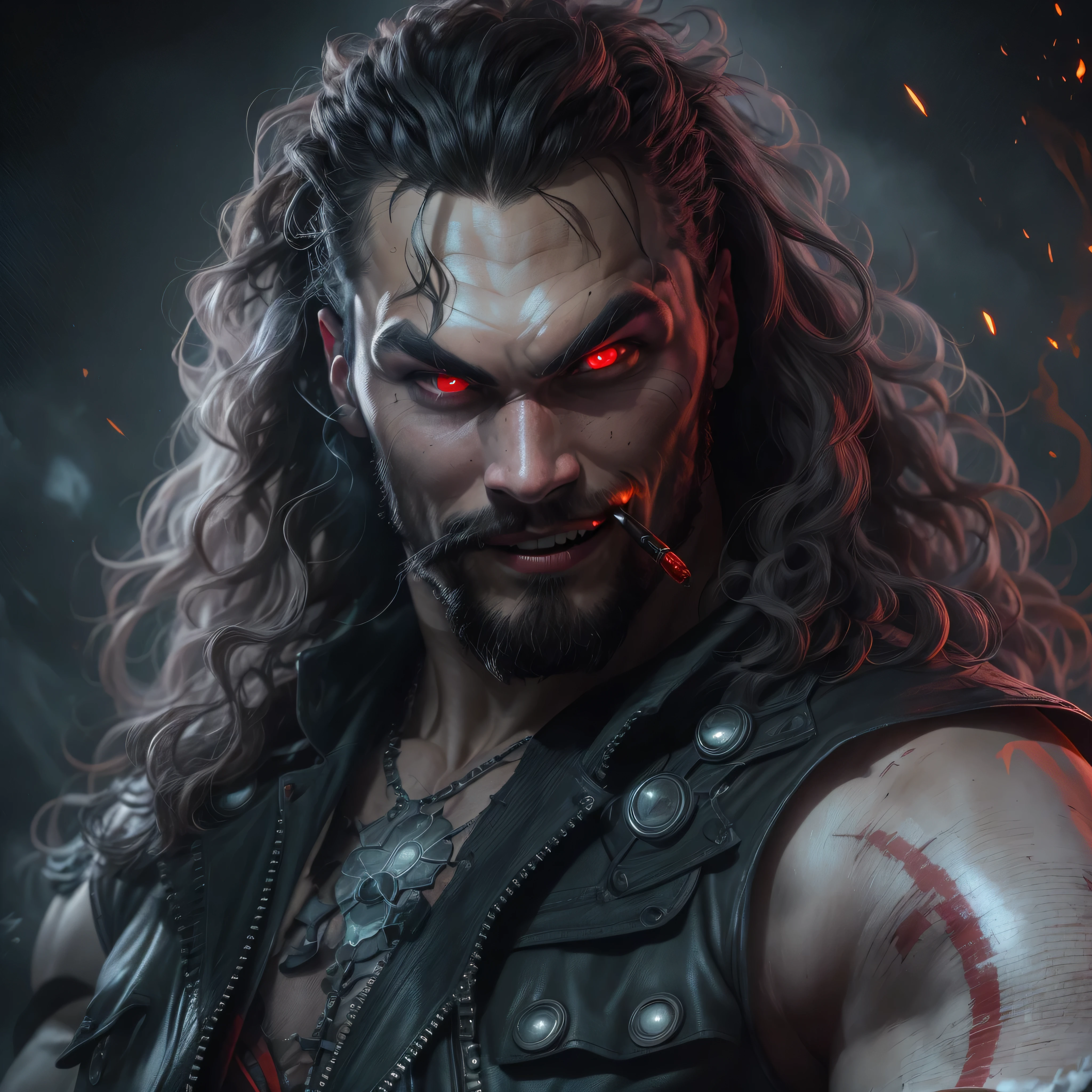 Full body image, a photo of Jason Momoa as Lobo from DC comics, Evil grin, Cigar in his mouth, muscular, ((((ghostly super pale skin)))), (((red eyes))), sleeveless black biker vest, riding star wars hoverbike, Intricate, High Detail, Sharp focus, dramatic, photorealistic digital art, photo-realistic, octane render, unreal engine, ultra-realistic
