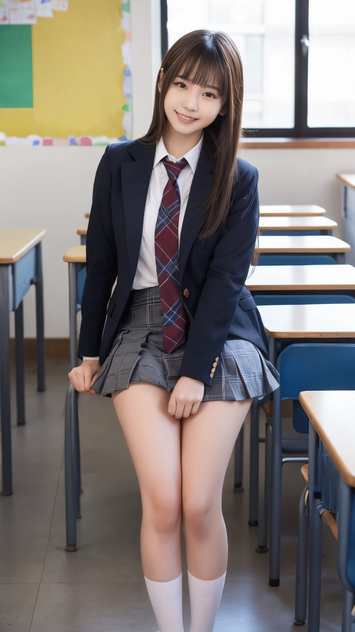 Stand in the classroom of school2fashi-girl,red tie uniform,Dark Blue Closed Blazer,Blue plaid mini skirt,18-year-old,bangs,a little smile,thighs,knees,from below,random pose,pretty girl,slender girl,