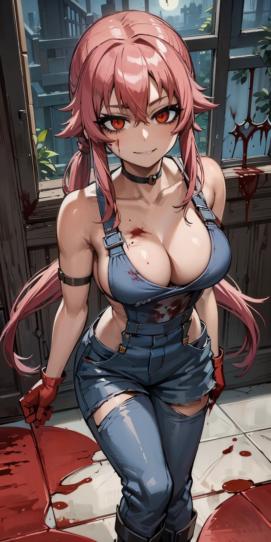 anime_still, masterpiece, best quality, 1girl, yuno gasai, long hair, pink hair, low twintails, smile, naked, red eyes, (large breasts:1.5),1girl, black choker, dark grey, overalls, leather gloves, black boots, (window behind her with the moonlight:1.5) shining through, (blood on floor:1.5), (blood on body:1.5), (evil eyes:1.4), red eyes,