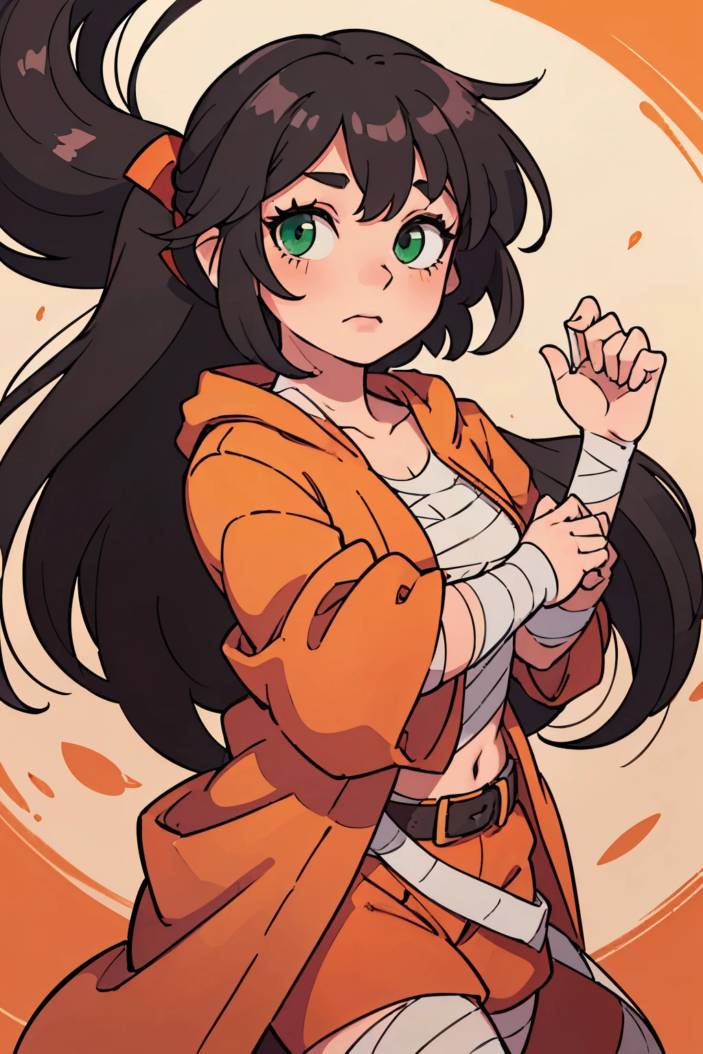 young woman, Dark hair, high ponytail, long hair, orange robe with red piping, Short Hands, bandages on the forearms, green eyes, Confident