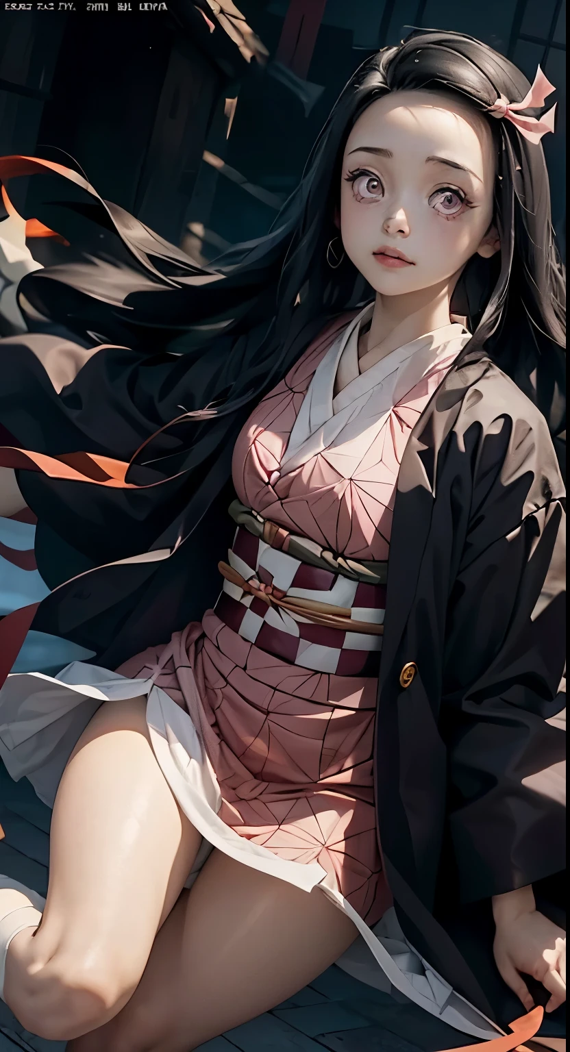(*K) HD, highest quality, WorKs of masters, High resolution, spread legs、show white panties,1 girl, nezuKo Kamada, ((nezuKo of demon slayer)) super beautiful face, Super beautiful eyes, Super beautiful hair,trendy outfit,magazine cover,sexy and attractive,explosion of colors,BlacK color hair,big hairpin,full body esbian,illegal occupation