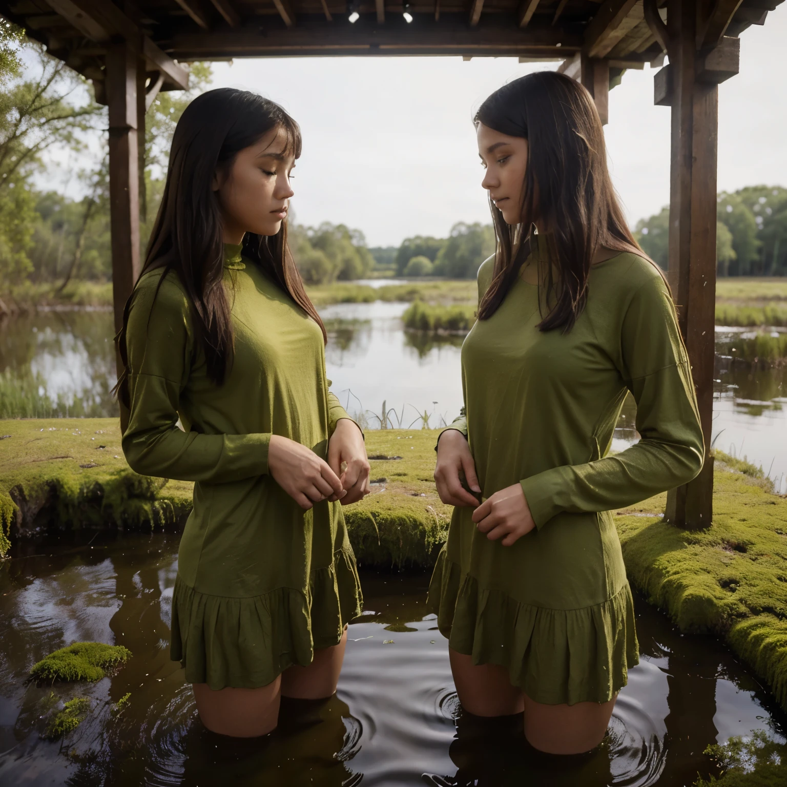 Two girls in a swamp trying on clothes made of sphagnum moss. The moss house is nearby