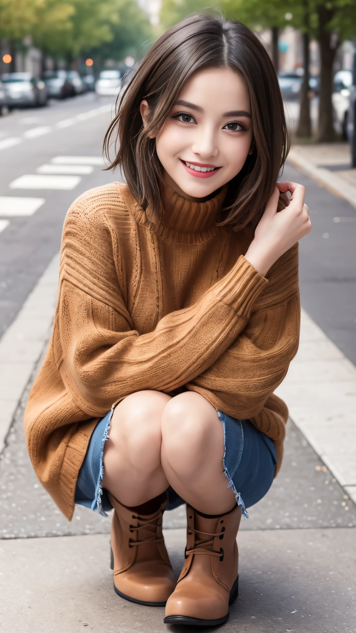 Photo taken by a professional photographer,laughter:1.5,Close-up of a woman squatting on the sidewalk, wearing a sweater, Short-cut brown hair, hair is disheveled,young and cute girl, Wearing a super super super super super super super mini skirt:1.5,Wear stylish boots,sit on a park bench:1.5,Fancy makeup with red eyeshadow,Beautiful thighs are visible,