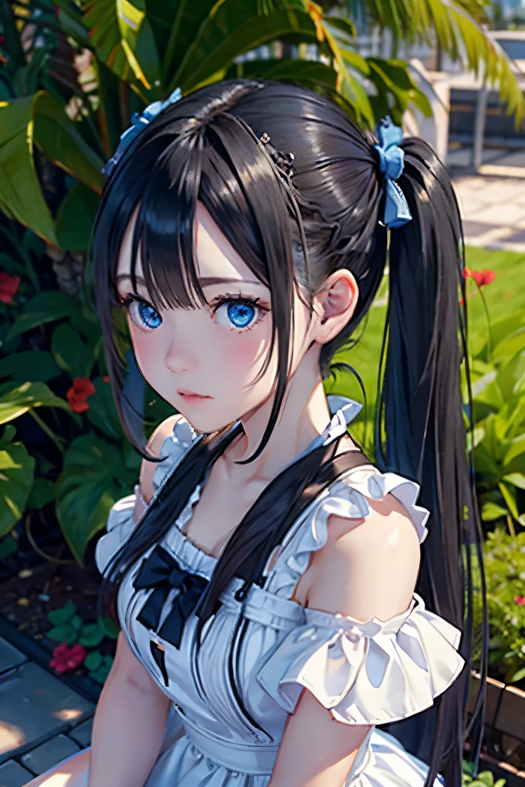 black pigtails, twin tails, trending on cgstation, twin tails hairstyle, beautiful gemini, , Trending on cgstation, wlop and sakimichan, Gwaites style artwork、(((white dress、blue eyes))),