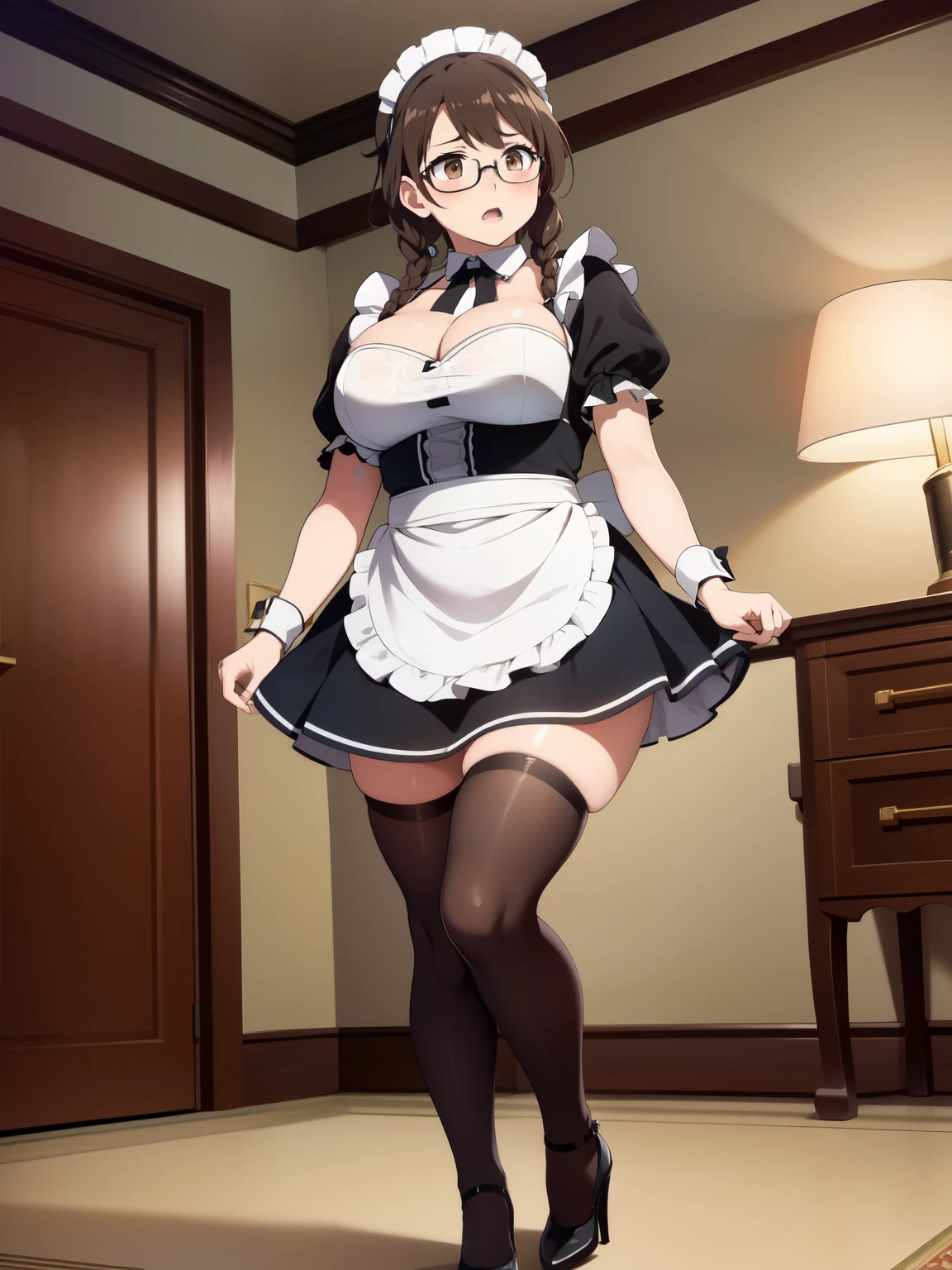 masterpiece, high quality:1.1), cinematic lighting, extremely detailed, mitaraiyuuna, standing, full body, hand under clothes, from below,looking down, (embarrassed, blush:1.1), shy, open mouth,brown hair, twin braids, lipstick, makeup, geen eyes, glasses,maid headdress, maidoutfit, short sleeves, cuffs, black thighhighs, high heels, huge breasts, curvy, cleavage,indoors, luxury room, mansion, window, day, complex background,