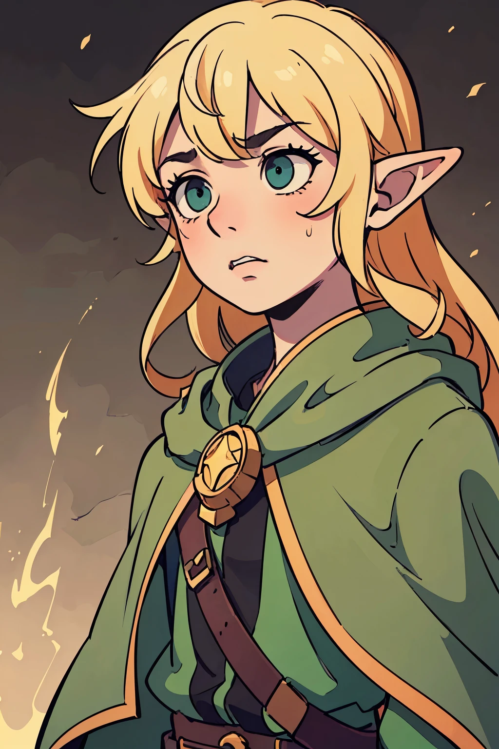 boy, elf, one character, long light hair, blond, Green Cloak, Hakki shirt, half side view, looking away, scared face, background color