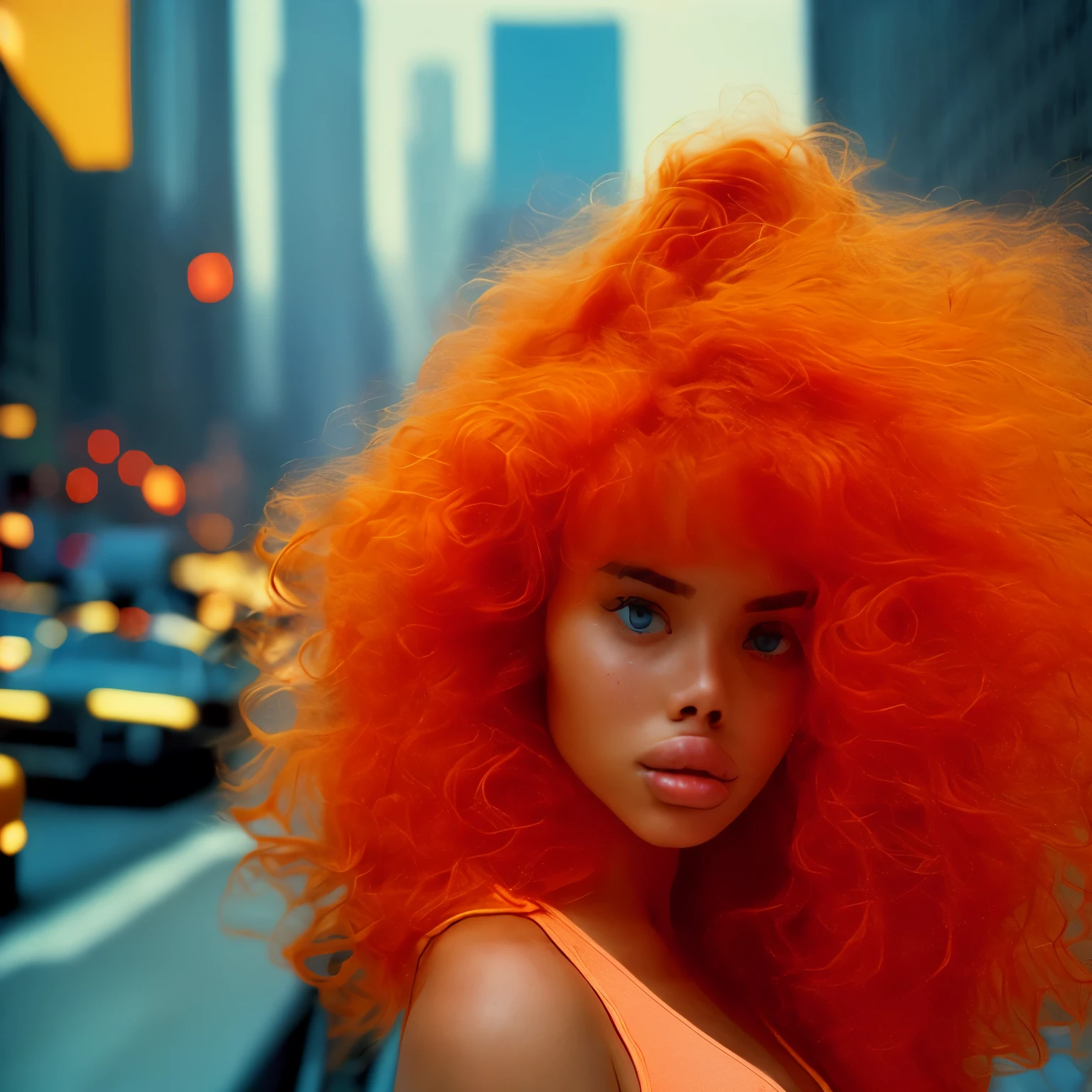 ((mdj style)), portrait of a beautiful b1mb0 girl in the city of New York in mdj style, ((beautiful detailed orange hair)), hyperrealistic, anamorphic lenses distorting the background, summer of 1987, moody dystopian and thought-provoking, (cinematic), expression suggesting a sense of unease, "Life is not what it used to be", best quality, fine details, intricate, extremely detailed, sharp focus, 4 K