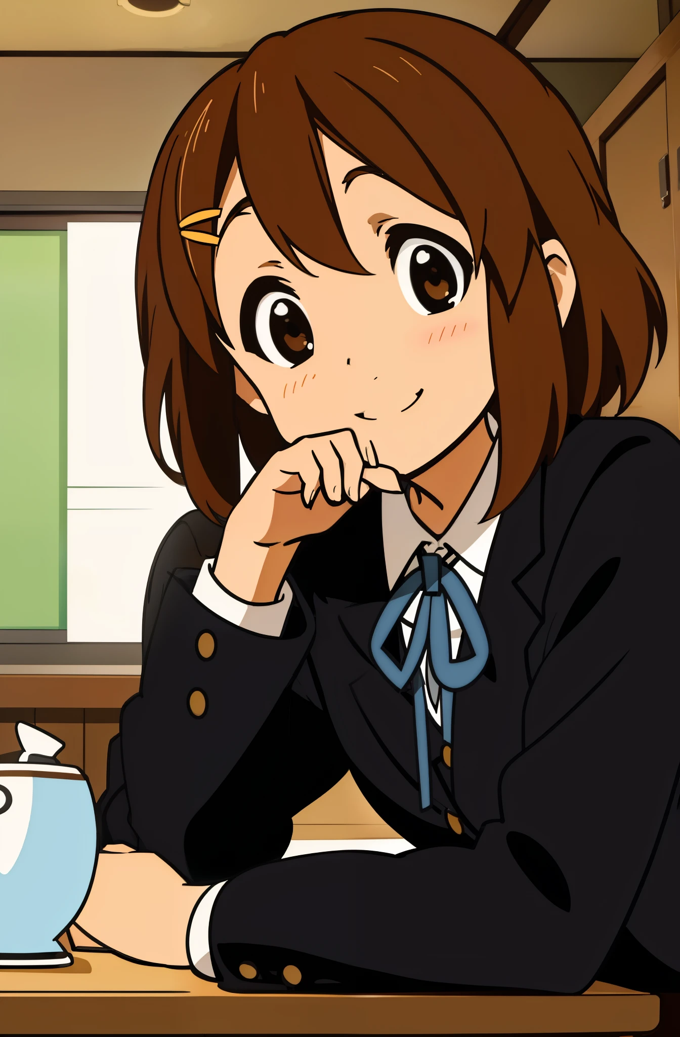 ((masterpiece)), hirasawa yui, 1girl, smiling, short body, short brown hair, school uniform, sitting at the table, holding a cup of tea, school, indoors, closeup