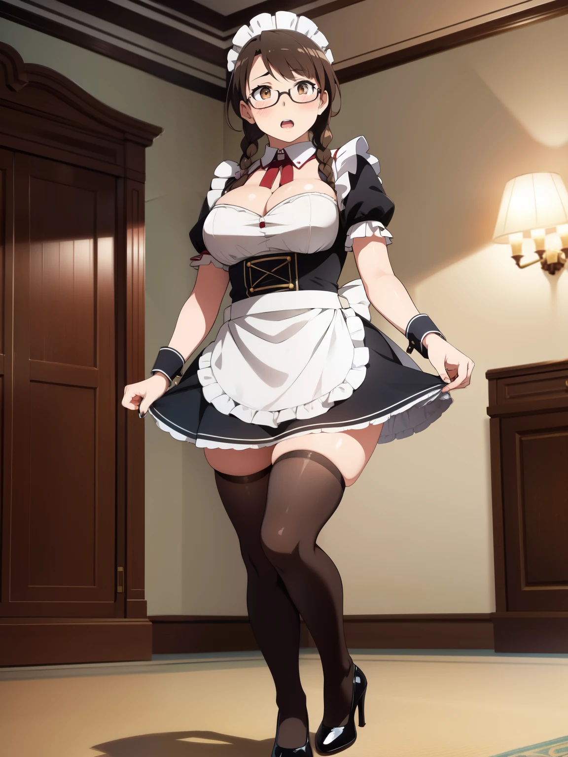 masterpiece, high quality:1.1), cinematic lighting, extremely detailed, mitaraiyuuna, standing, full body, hand under clothes, from below,looking down, (embarrassed, blush:1.1), shy, open mouth,brown hair, twin braids, lipstick, makeup, geen eyes, glasses,maid headdress, maidoutfit, short sleeves, cuffs, black thighhighs, high heels, huge breasts, curvy, cleavage,indoors, luxury room, mansion, window, day, complex background,
