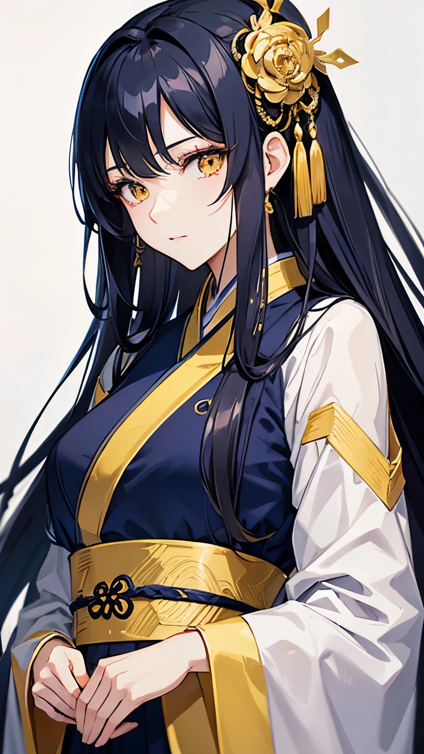 Cover magazine. anime, A woman. long hair. navy hair. Dark blue hair. golden eyes. Yellow eye. Half Body potrait. Upper body. elegan. Hanfu. Adult. Mature woman. Women. Murim. Hair accessories. Lady
