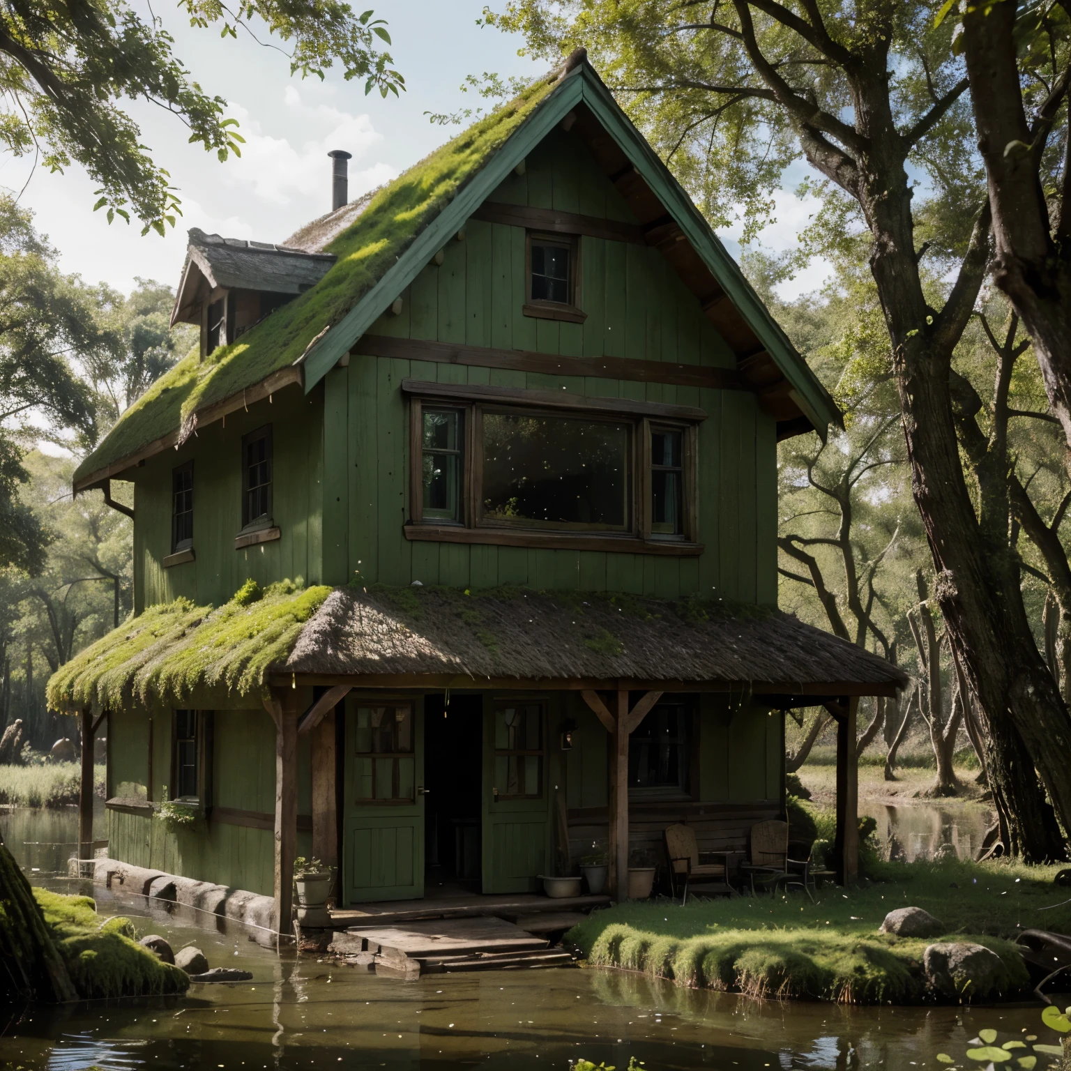 A house made of green moss stands in a swamp, two white elves sit nearby
