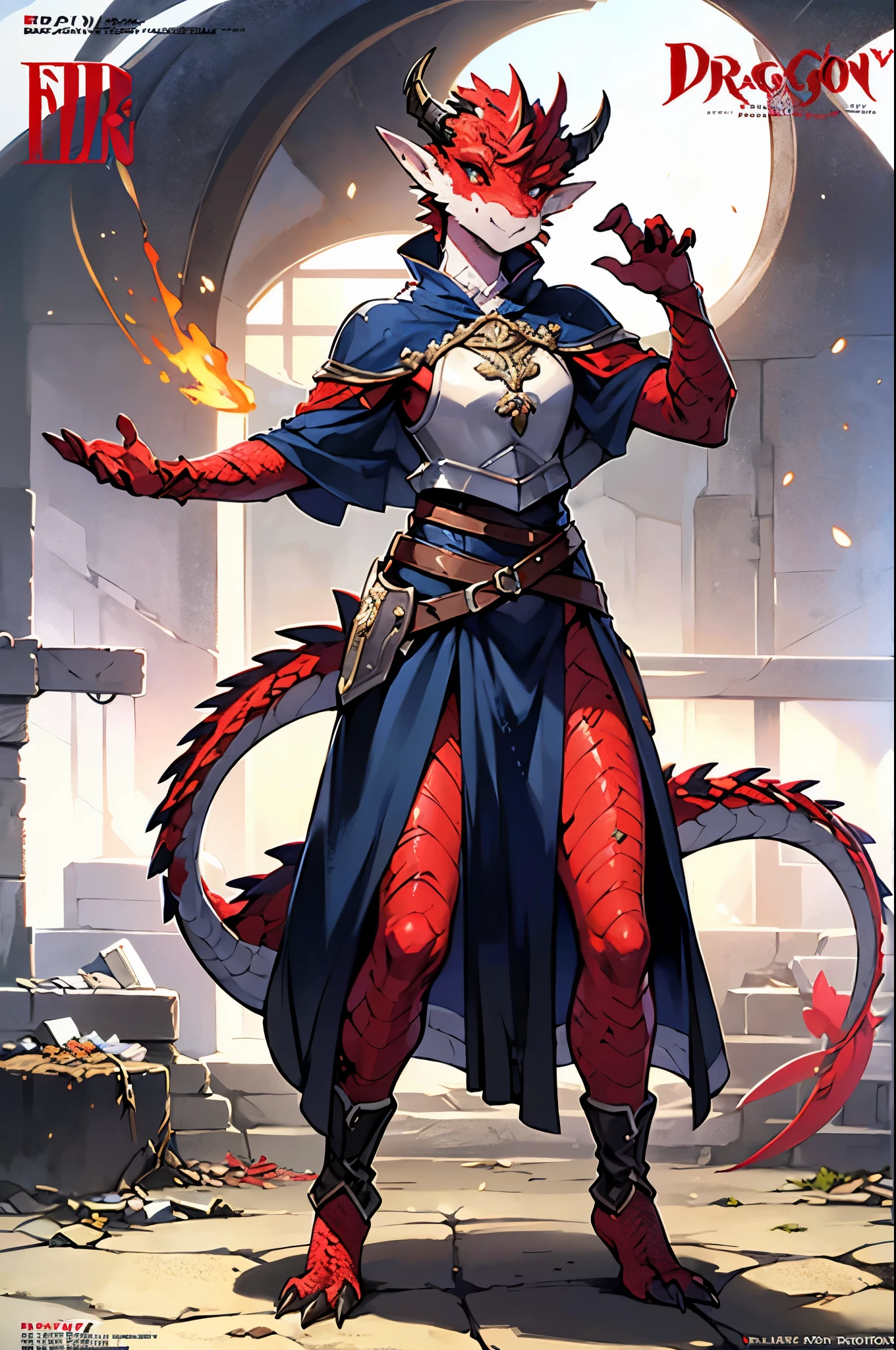 masterpiece, (1girl:1.5), extremely detailed female character, full body shot, best quality, dnd, dungeons and dragons, (thin, athletic, pointy ears), (red dragonborn, anthro, horns, red eyes, scales skin, damaged), (magazine title, text:1), ("Play Dragon", "Dragon":1.25), (magazine:1.35), medieval era, fantasy clothes, anime style, (medieval fantasy full plate small paladin cloth, paladin warrior, action pose), (nsfw)