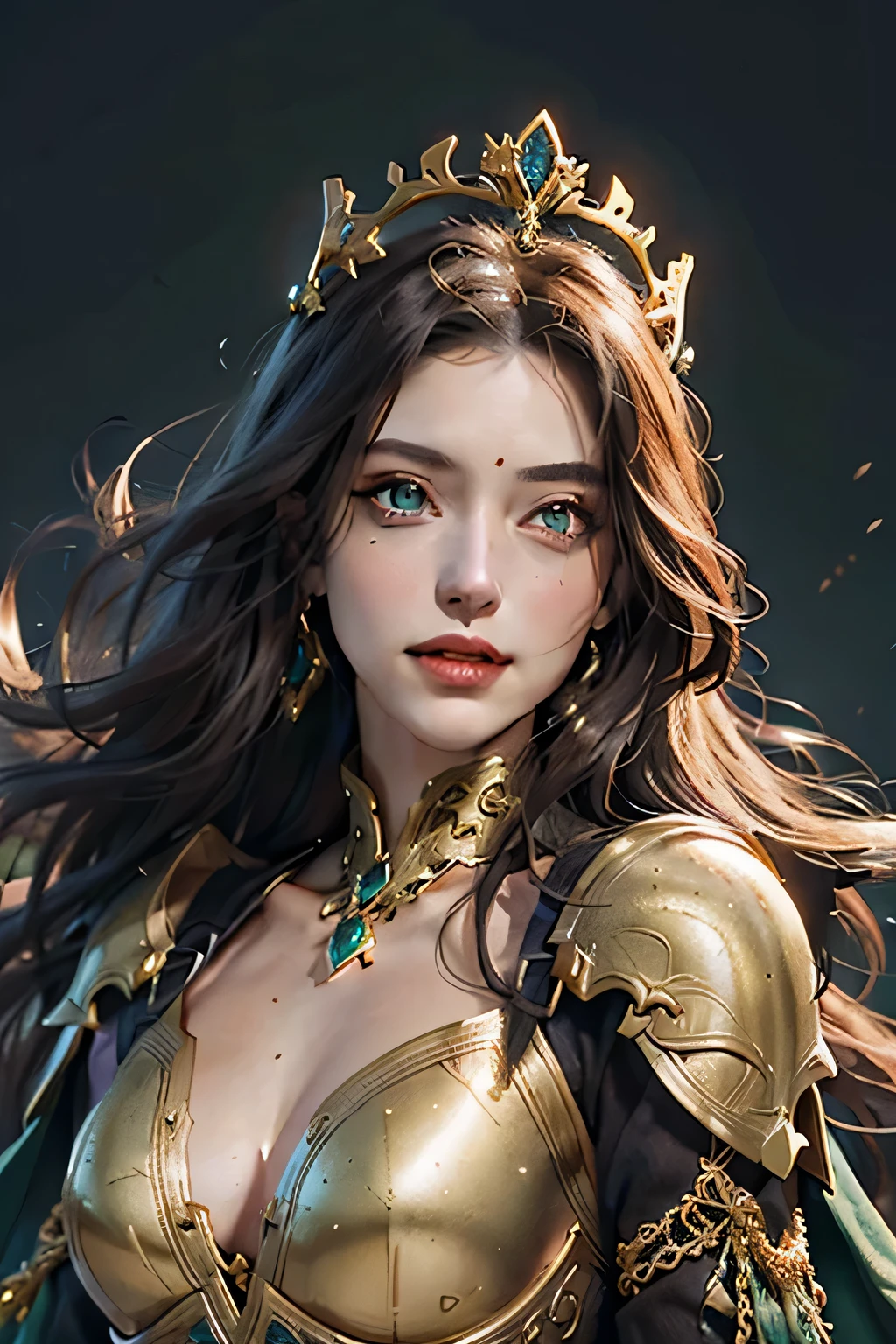 photorealism, very beautiful happy woman, 35 years, (accurate ), (beautiful dark green eyes), (very beautiful fantasy jewelry), queen'golden armor, (armor covers the chest, shoulders),