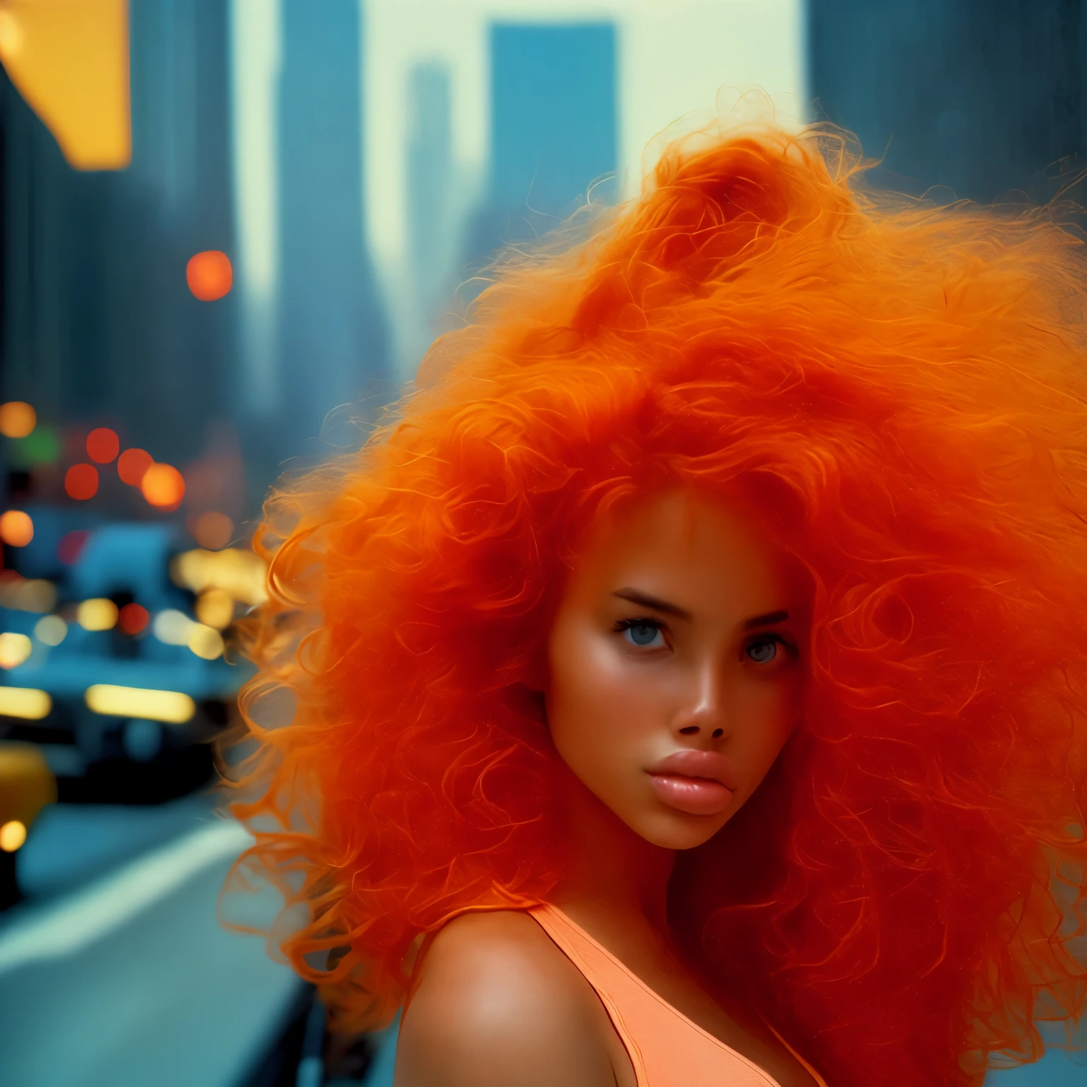 ((mdj style)), portrait of a beautiful b1mb0 girl in the city of New York in mdj style, ((beautiful detailed orange hair)), hyperrealistic, anamorphic lenses distorting the background, summer of 1987, moody dystopian and thought-provoking, (cinematic), expression suggesting a sense of unease, "Life is not what it used to be", best quality, fine details, intricate, extremely detailed, sharp focus, 4 K