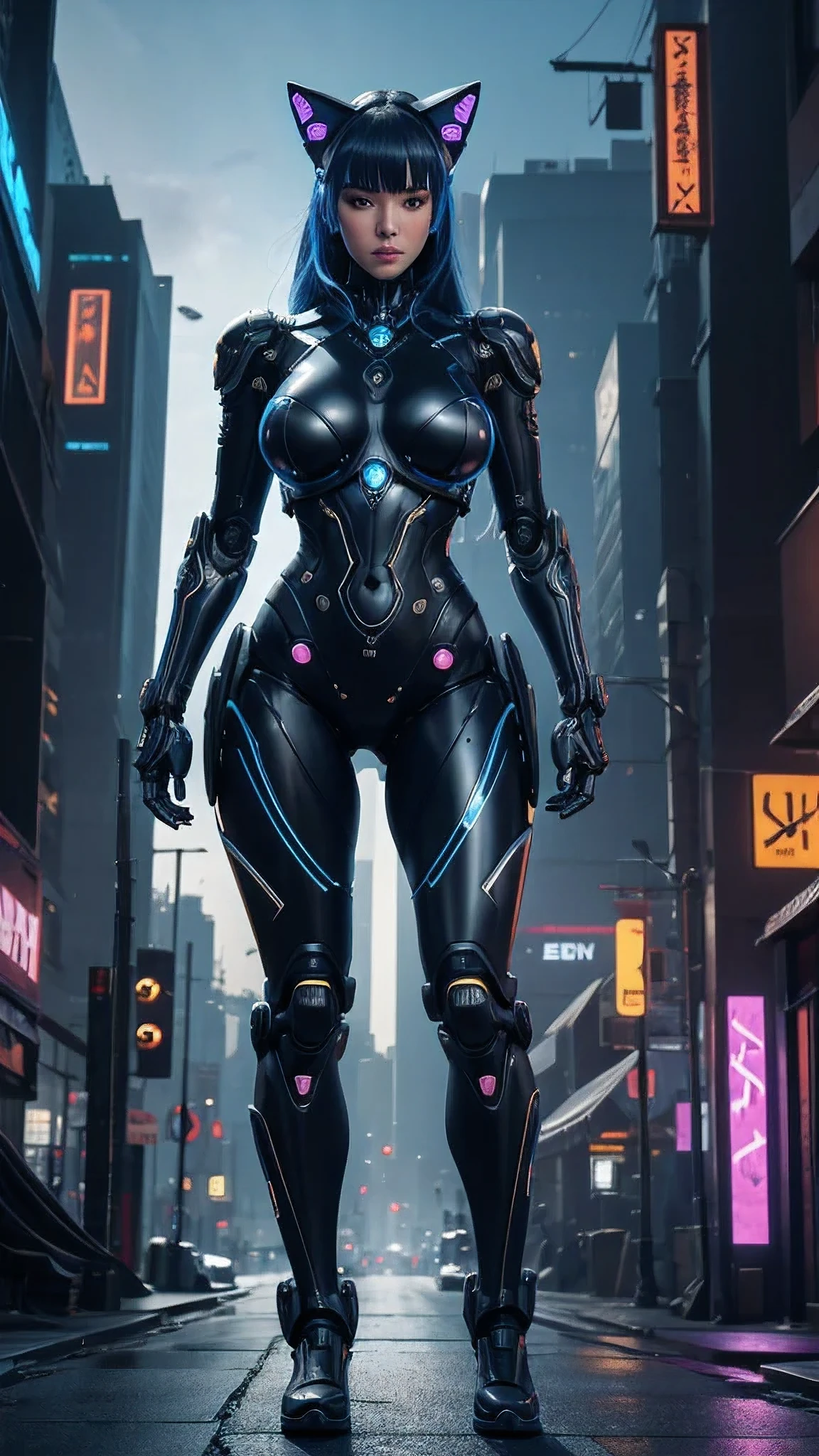 robot cat, woman, blue and black, cyberpunk city, Sony FE GM, masterpiece, anatomically correct, super detail, high details, high quality, award winning, best quality, highres, 4K