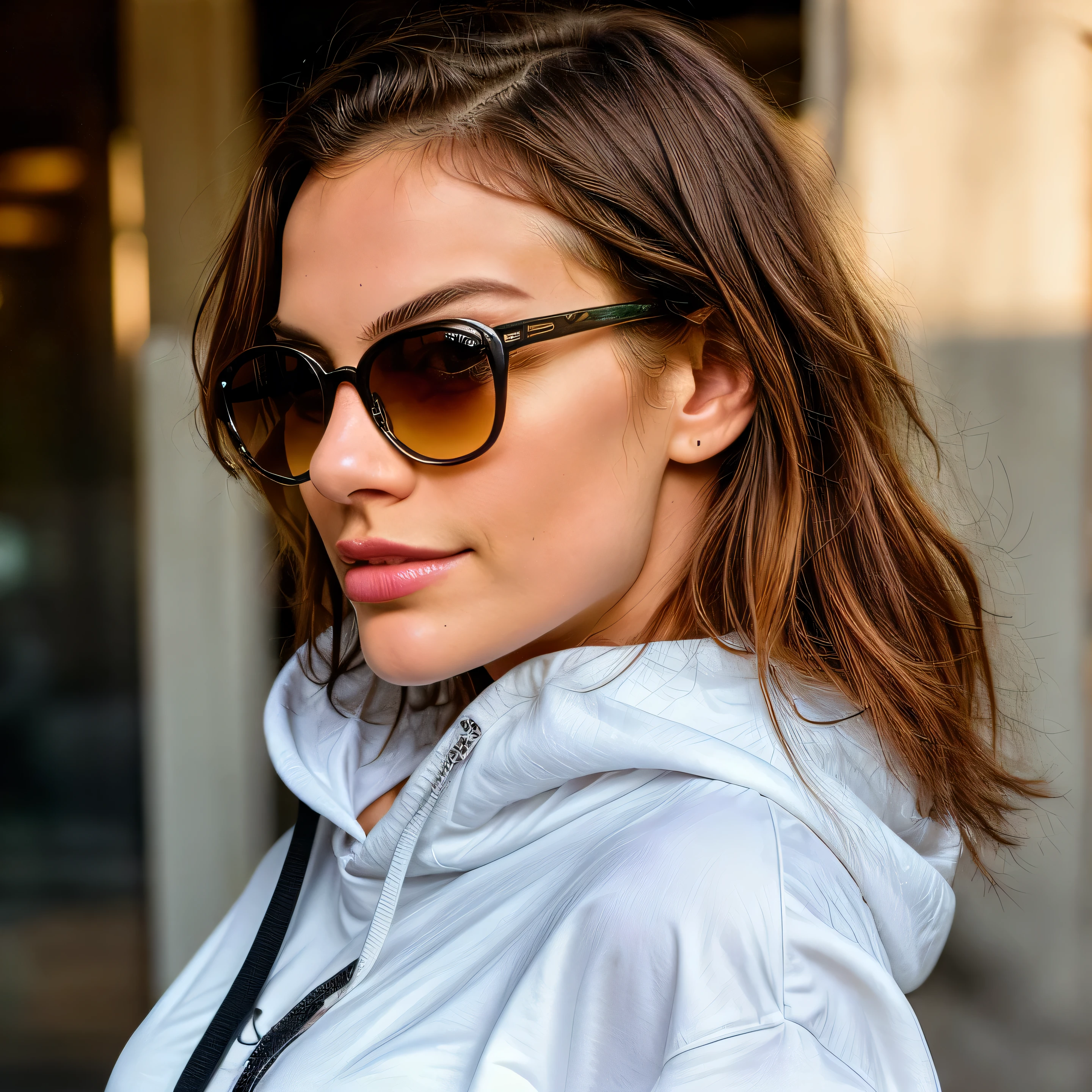 Fille de 25 ans, American, beau, yeux de miel, Cheveux couleur miel,((selfie du haut du corps, heureux)), (photorealistic), (intricate details:1.2),(chef-d'ouvrages d'art, :1.3 ),(best quality:1.4), (ultra high resolution:1.2), ultra high resolution, (detailed eyes), (detailed facial features), HDR, 8K resolution, (Reflet:0.7), Faire demi-tour, Busy reviewing the report, Visionneuse de visage, portrait, wear a hoodie and sunglasses