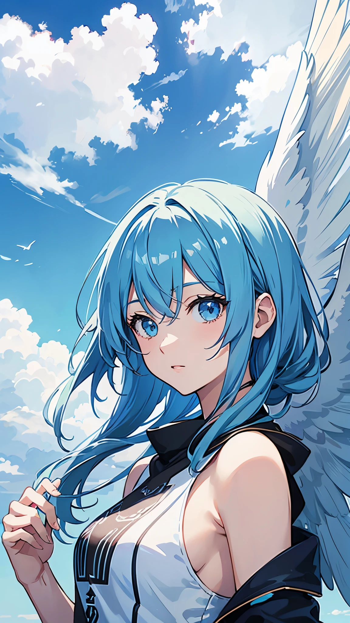 Anime, solo, 1woman, cover magazine, half body potrait, upper body, woman, angel, wings, blue sky hair, light blue hair 