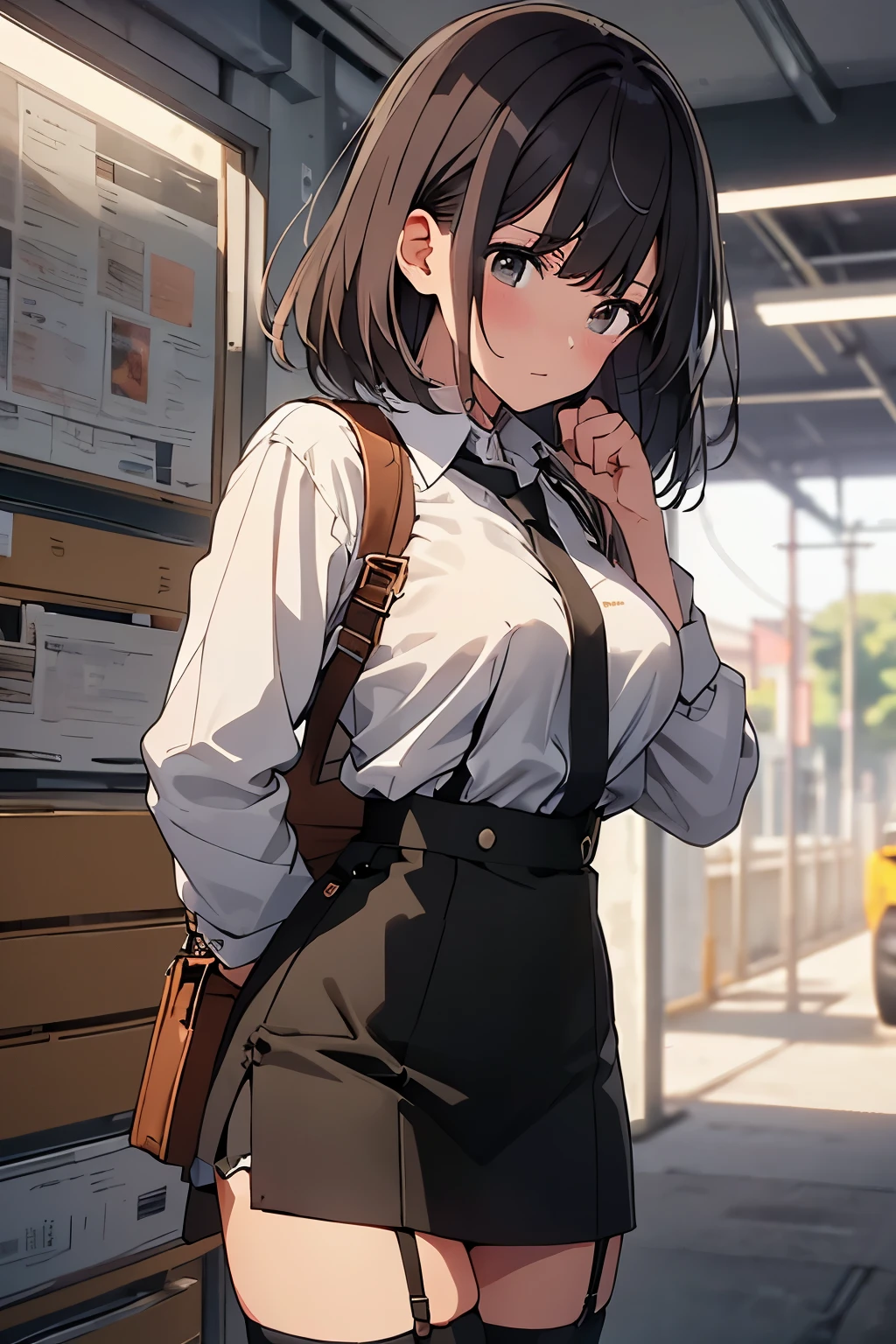 brown hair、looking at the viewer　　suspenders　　　Bulging big breasts　　 　 　　　　Black miniskirt　garter belt　knee high socks　　　　　　Gaze　　　small face　bangs 　　　　　Beauty　　hands up　　 　Gaze 　black boots 　provocation　　　one person 　　　cutter shirt　　Panty shot　hands behind　put your hands behind your back　Hands behind your back　With your hands behind your back　armed　holster　handgun　