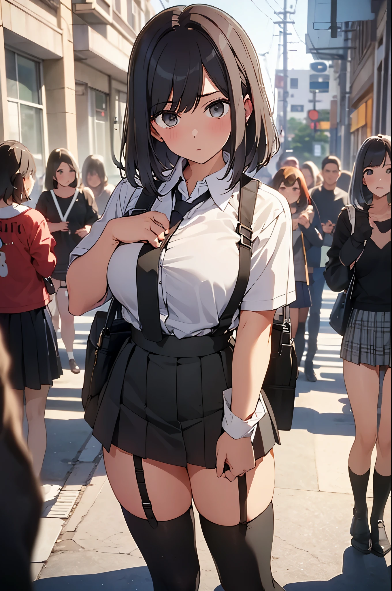 brown hair、looking at the viewer suspenders Bulging big breasts Black miniskirt garter belt knee high socks Gaze small face bangs Beauty hands up Gaze black boots provocation one person cutter shirt Panty shot hands behind put your hands behind your back Hands behind your back With your hands behind your back armed holster handgun