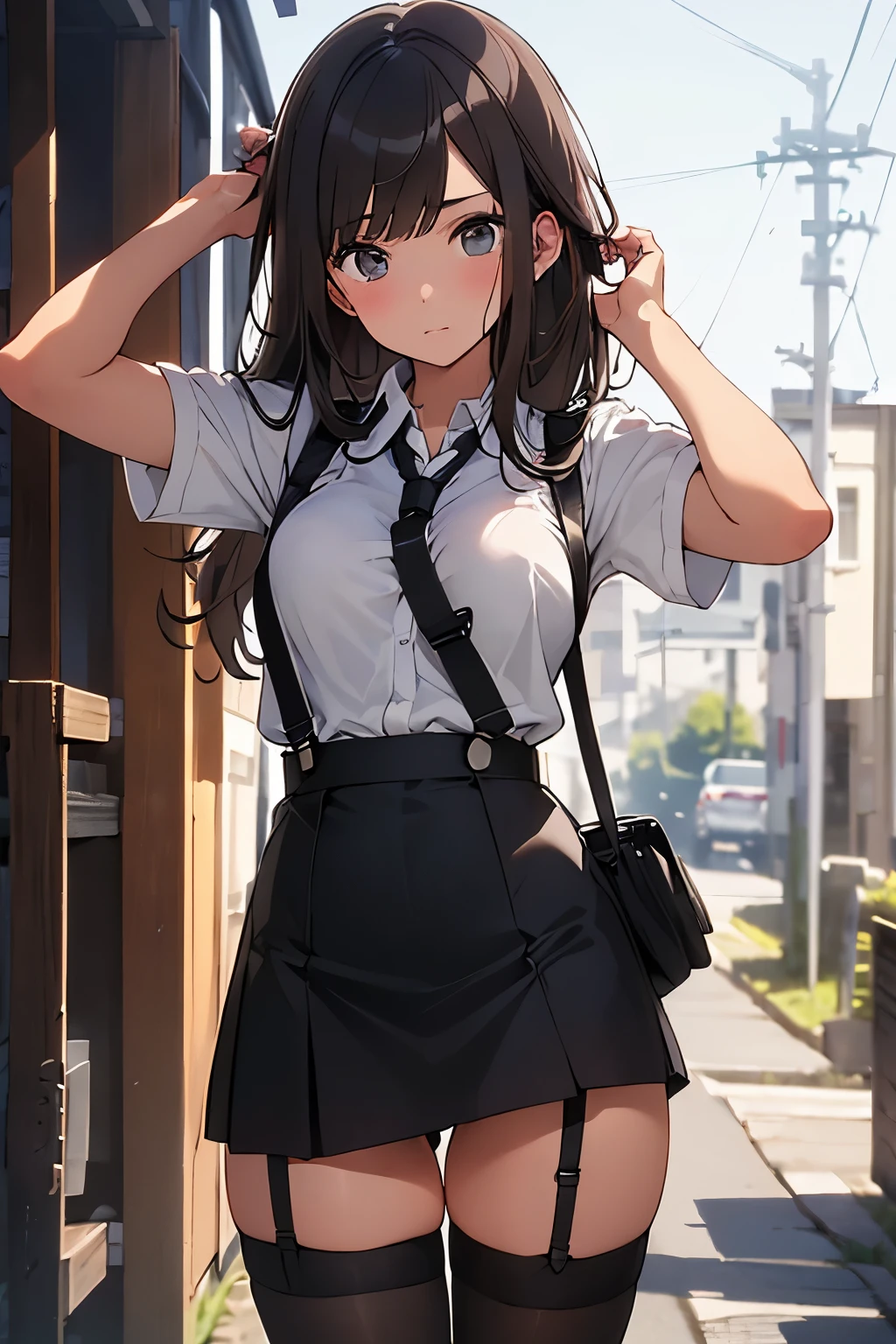 brown hair、looking at the viewer　　suspenders　　　Bulging big breasts　　 　 　　　　Black miniskirt　garter belt　knee high socks　　　　　　Gaze　　　small face　bangs 　　　　　Beauty　　hands up　　 　Gaze 　black boots 　provocation　　　one person 　　　cutter shirt　　Panty shot　hands behind　put your hands behind your back　Hands behind your back　With your hands behind your back　armed　holster　handgun　