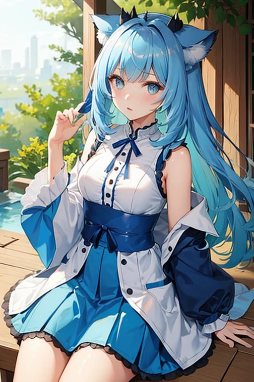((highest quality)), ((masterpiece)), (be familiar with), perfect face, one girl、、big breasts、small face、long hair、silky hair、Braid in one place、Pastel blue colored hair、off shoulder clothes、white colored clothes、short sleeve、ギンガムチェックのmini skirt、mini skirt、whole body、From toes to top of head、Small cat ears、