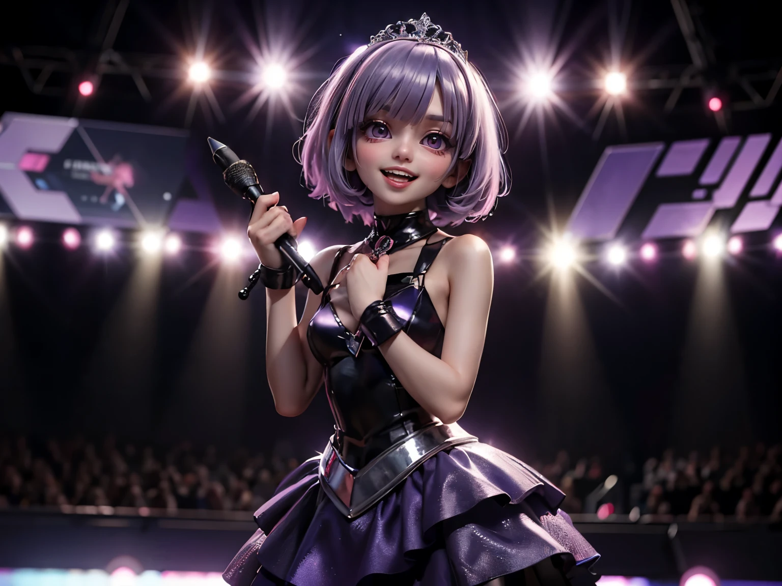Beautiful woman with pink bob cut、18歳、silver tiara、(purple cyberpunk dress)、smile, (open mouth), (giving a speech in front of a crowd)、on the stage, standing, hand mic, future space conference