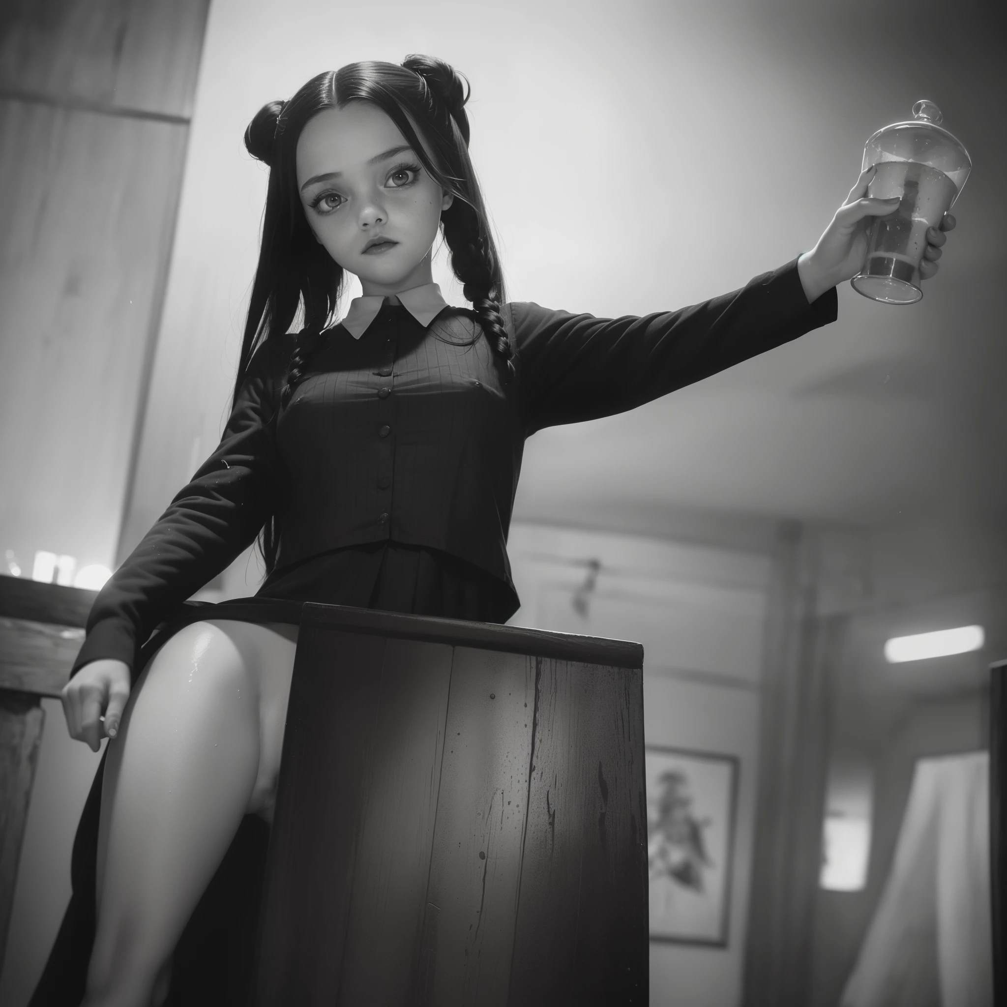 Portray a noble and elegant girl ,Wednesday Addams,who just woke up from a deep спать, with a pretty face and a pretty face, (bare tits and nipples. chest out, drool from mouth, fucked doggystyle, all wet. in mucus, big ass, Awesome Photo)),front view, big ass.