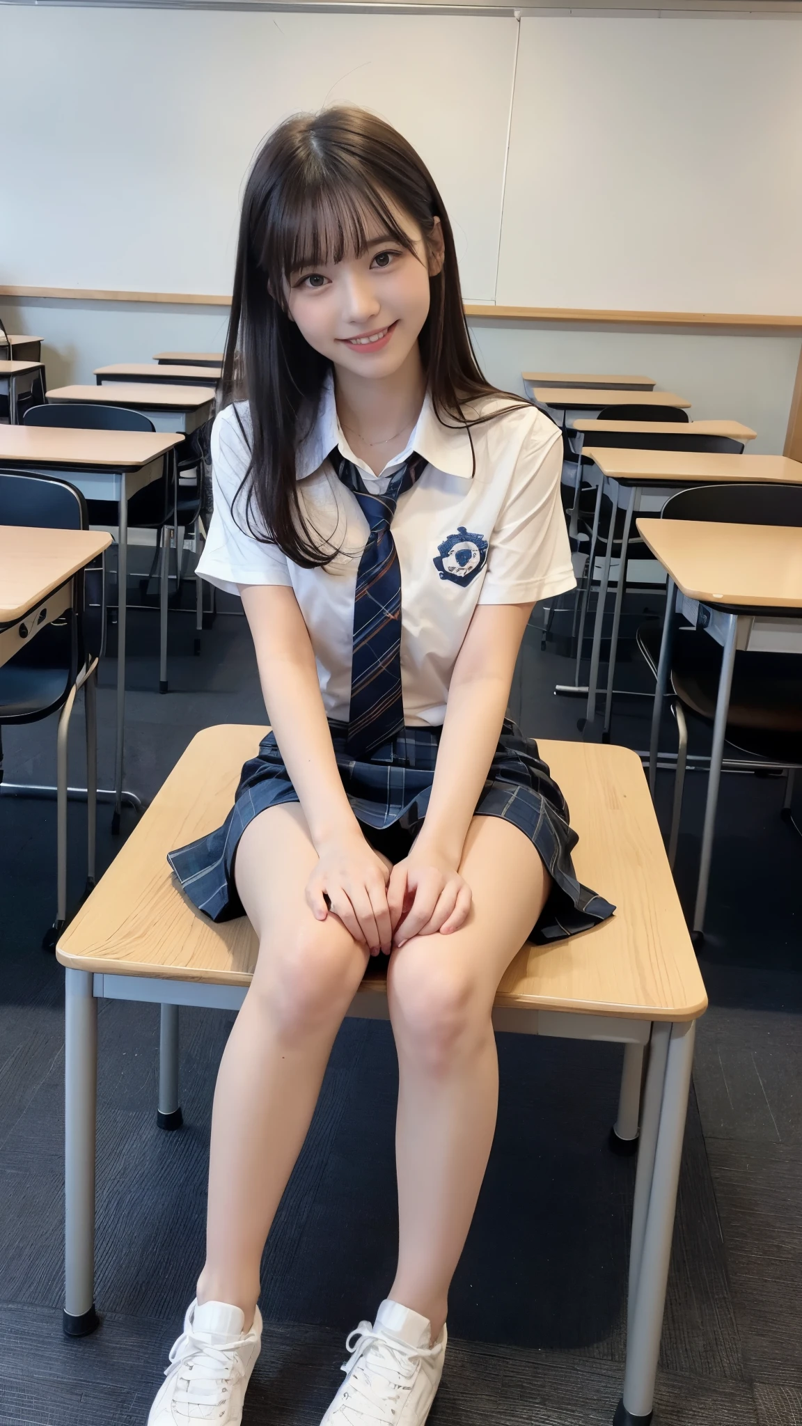 学校の教室に立つ1人のpretty girl,Red Tie Uniform,Dark Blue Closed Blazer,Blue plaid super super super super super super super mini skirt,18-year-old,Brown hair short cut with side waves,best smile,I can see your beautiful thighs,knees,random pose，pretty girl，slender girl，I&#39;m sitting on a desk in the classroom with my legs apart.，My skin is beautiful，wear cute sneakers，natural makeup，