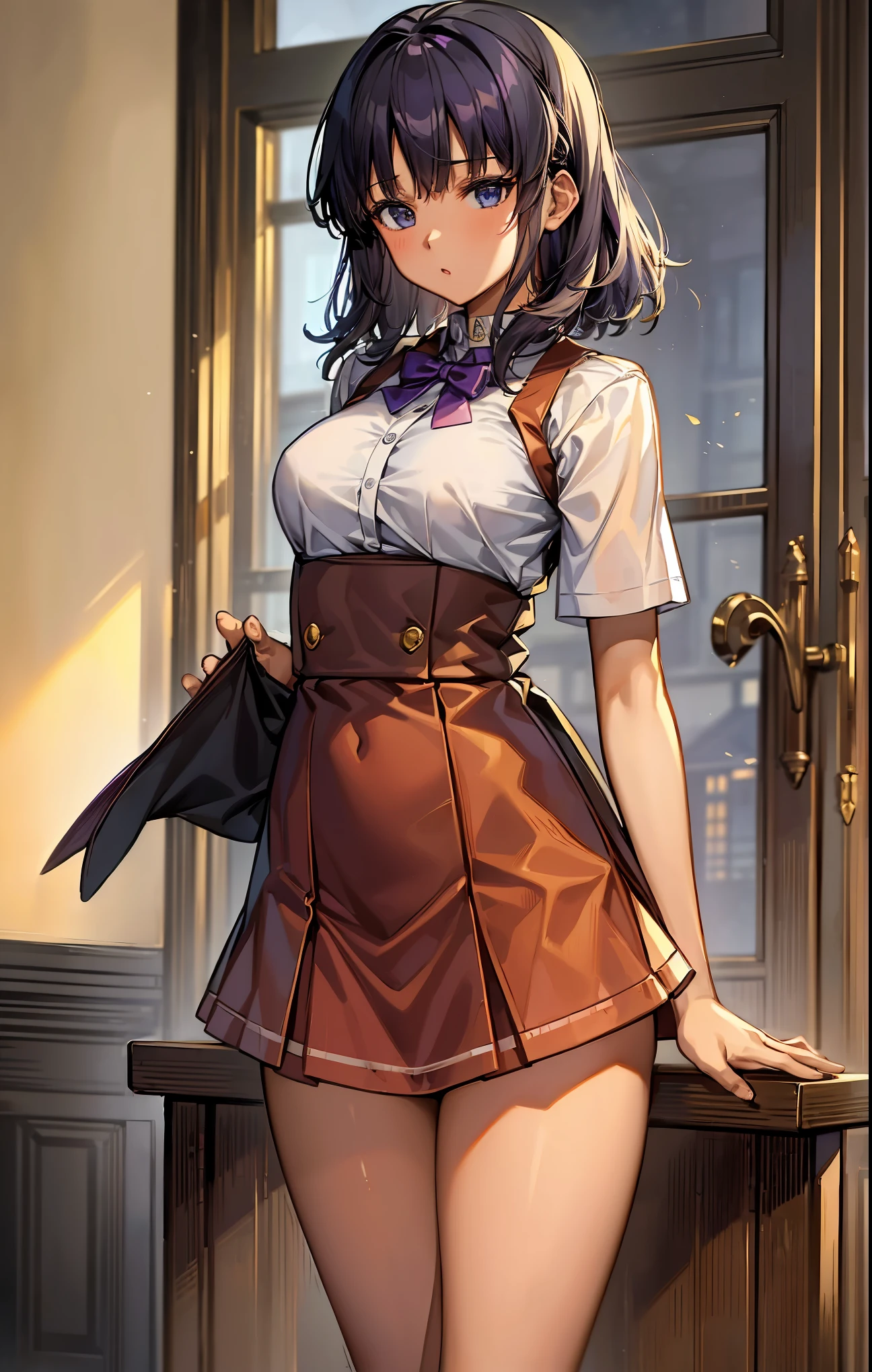 (masterpiece, best quality;1.3),extremely beautiful detailed anime face and eyes,extremely detailed illustrations,1girl, solo, 18歳、detailed skin, dark skin,Nadia,(学園服姿:1.5),ideal ratio body proportions,slender body,medium breast,cowboy shot, 恥ずかしげな表情、 nadia,dark purple hair, ,Gold collar,セーラー服,プリーツ入りミスカート,standing, sadamoto yoshiyuki,繁華街、東京、