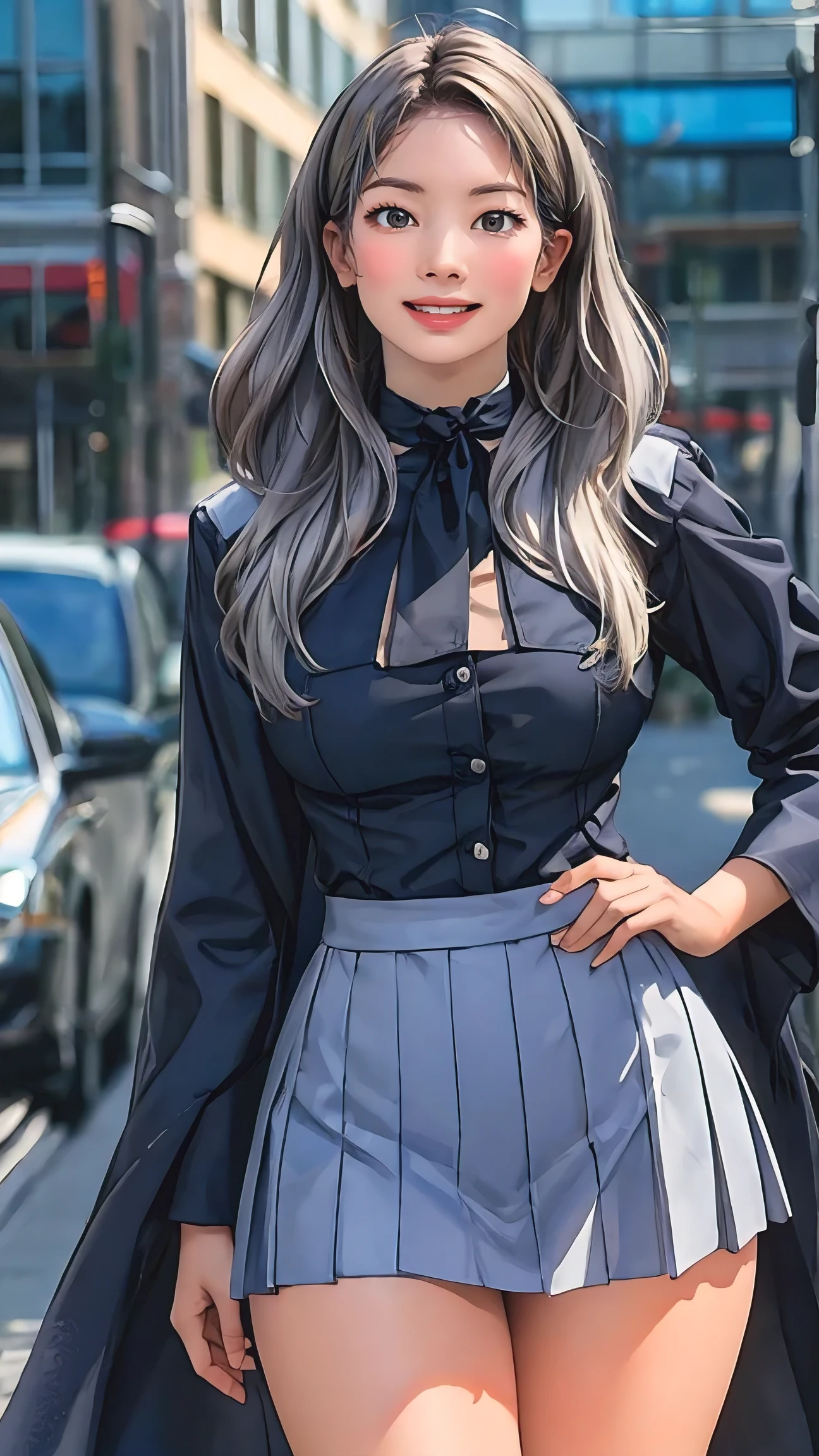 (masterpiece, best quality, ultra-detailed, photorealistic), perfect body, wide hips, thick thighs, wavy hair, printed cropped blouse, skirt, , city park, sexy, alluring